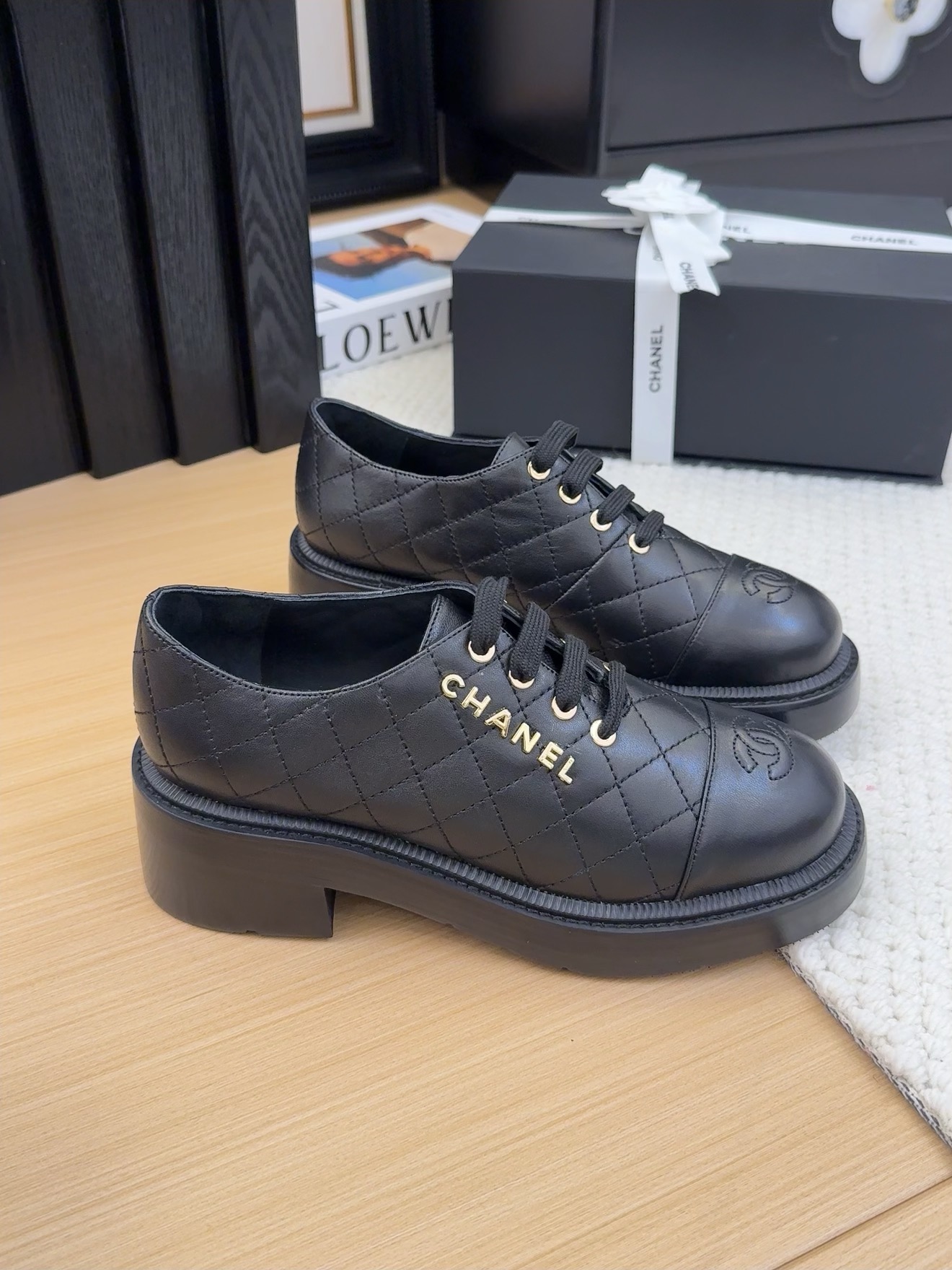 Elegant Chanel Women's Black Leather Quilted Lace-Up Block Heel Dress Shoes