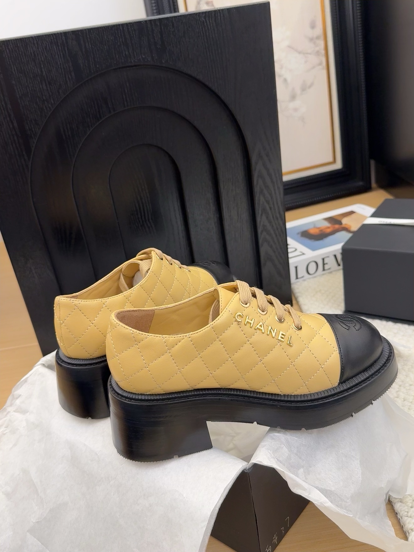 Chanel Women's Leather Lace-Up Shoes with Block Heel in Beige and Black 7 i1742187337 9736 4