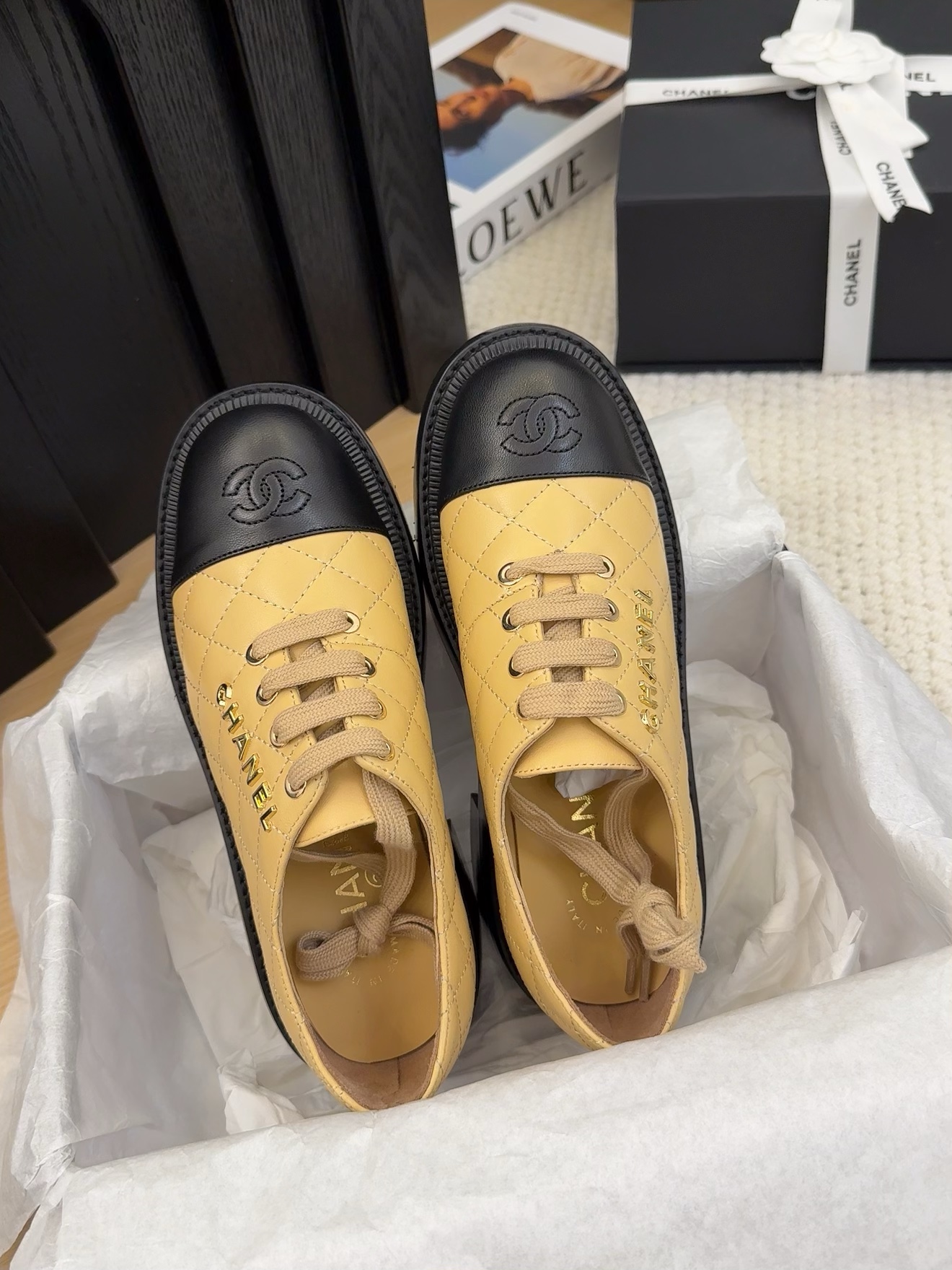 Chanel Women's Leather Lace-Up Shoes with Block Heel in Beige and Black 6 i1742187342 1313 0