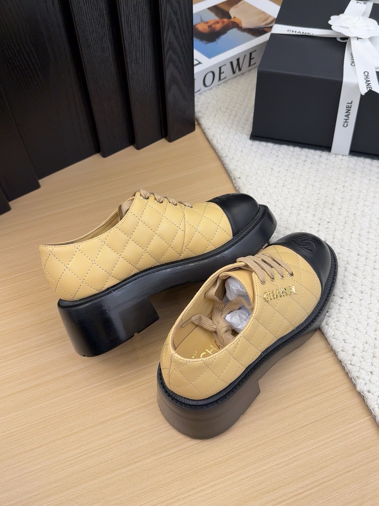 Chanel Women's Leather Lace-Up Shoes with Block Heel in Beige and Black 4 i1742187342 6625 0