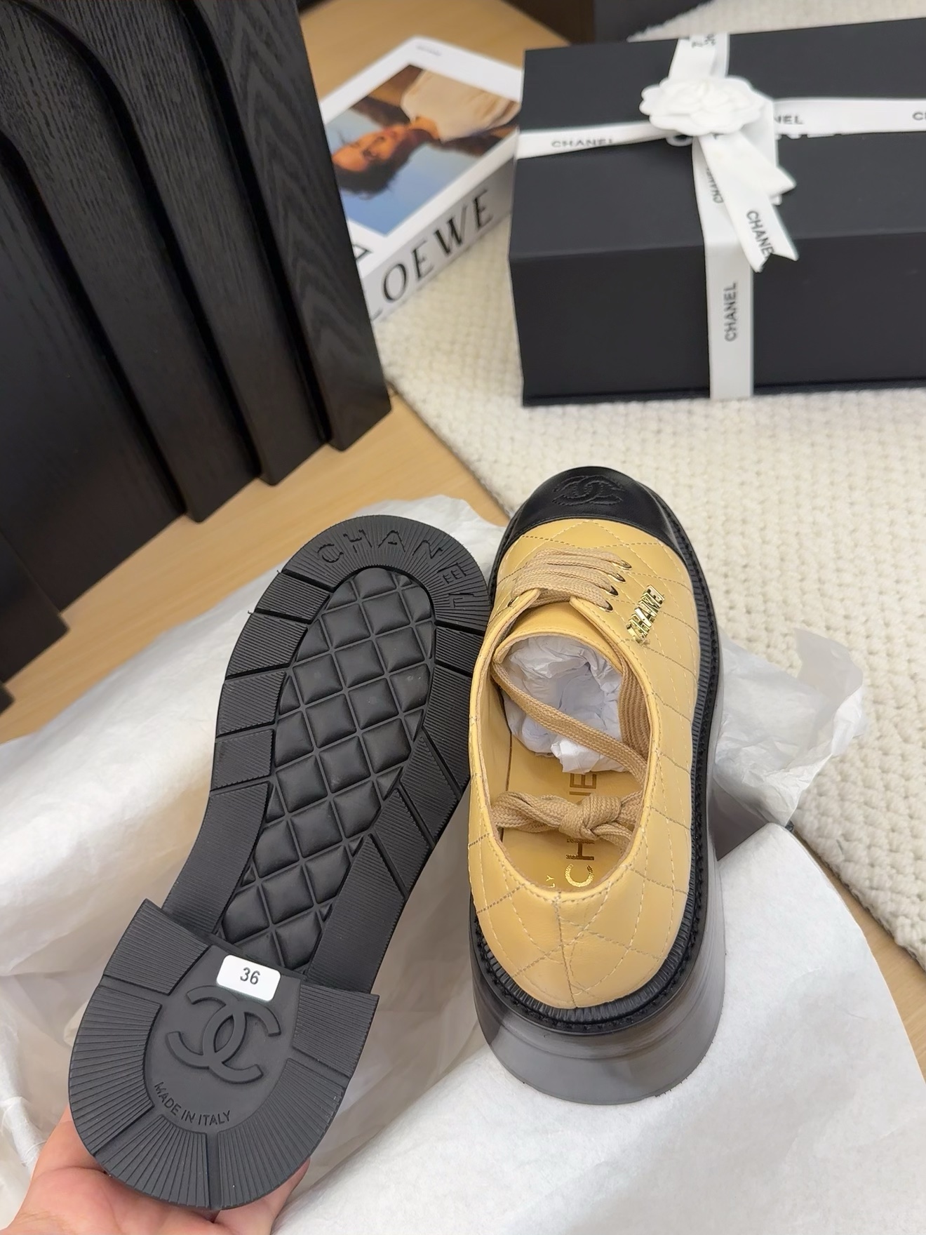 Chanel Women's Leather Lace-Up Shoes with Block Heel in Beige and Black 9 i1742187342 7197 0