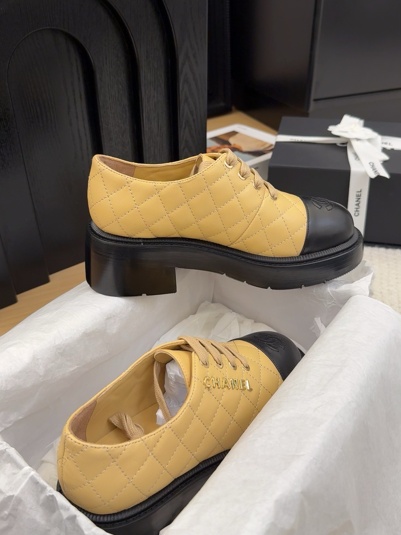 Chanel Women's Leather Lace-Up Shoes with Block Heel in Beige and Black 10 i1742187342 9906 0