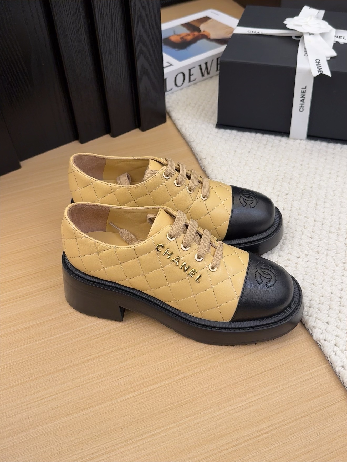 Chanel Women's Leather Lace-Up Shoes with Block Heel in Beige and Black