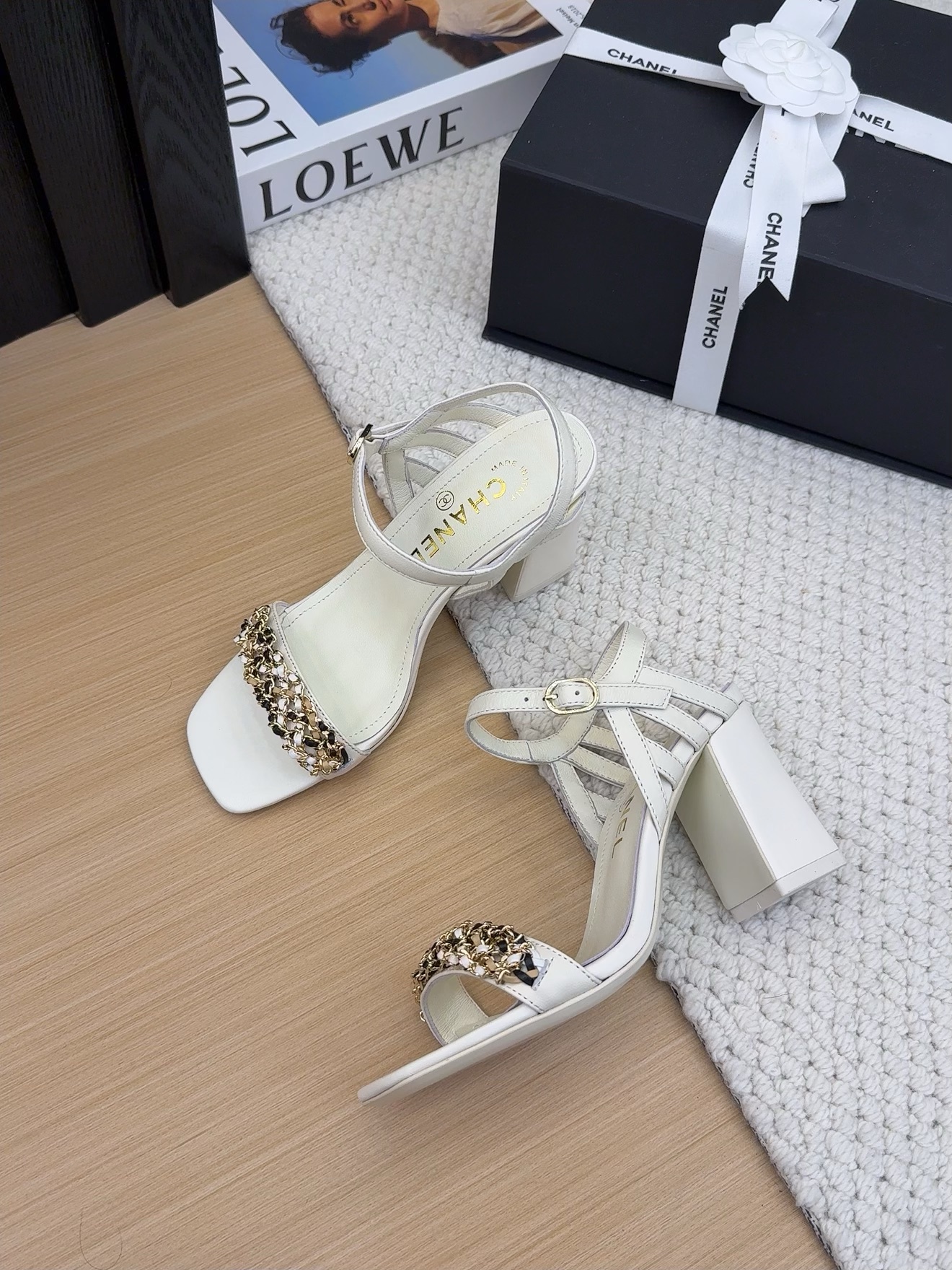 Chanel 25 White Leather Heeled Sandals with Chain Detail and Ankle Strap