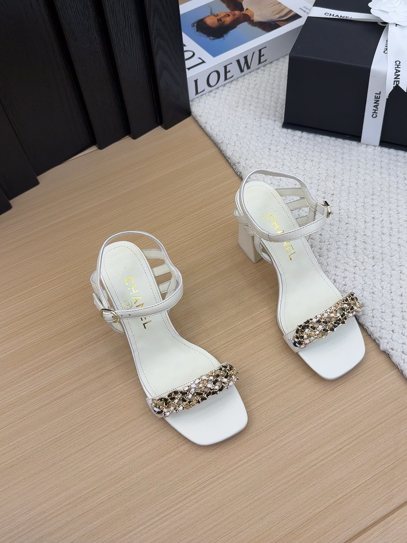 Chanel 25 White Leather Heeled Sandals with Chain Detail and Ankle Strap 4 i1742487264 7437 0