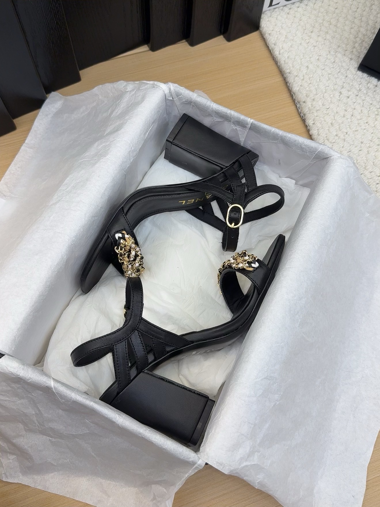 Elegant Chanel Inspired Black Leather Heeled Sandals with Ankle Strap 9 i1742487301 1625 1