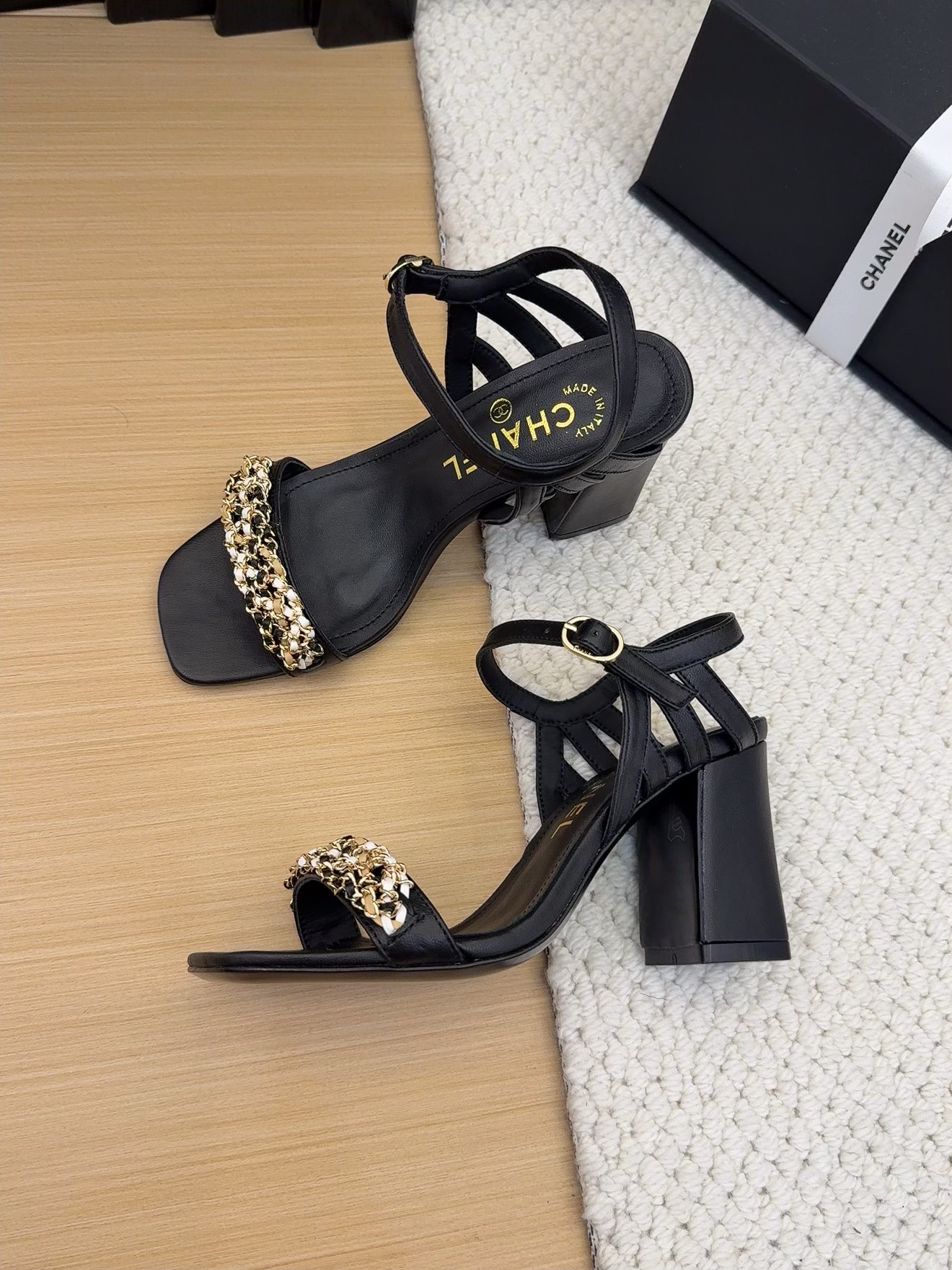 Elegant Chanel Inspired Black Leather Heeled Sandals with Ankle Strap 2 i1742487301 3460 6