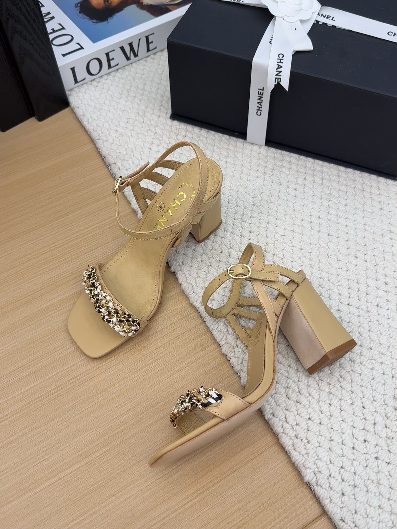 Chanel Women's Beige Leather Heeled Sandals with Ankle Strap