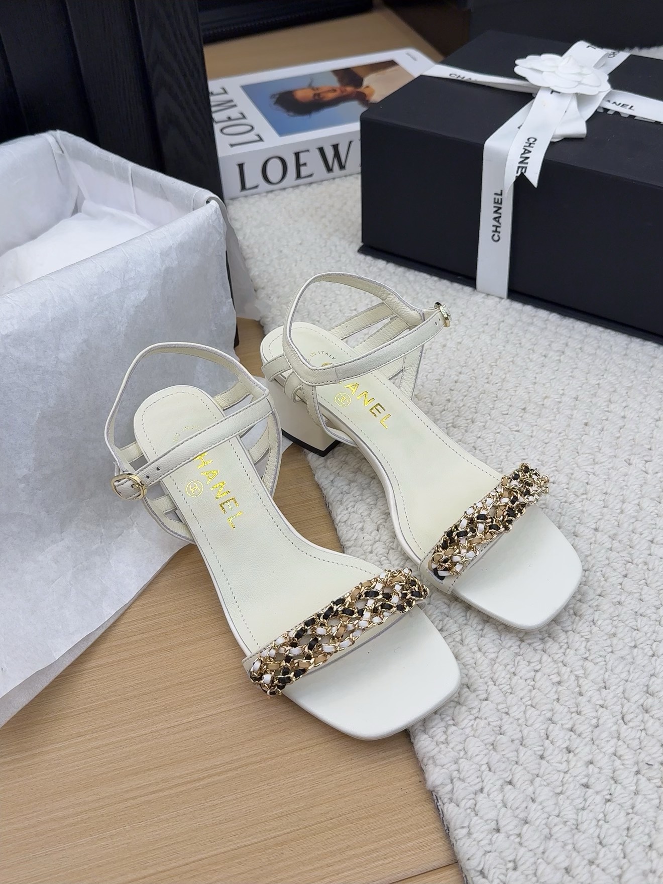 Chanel Women's White Leather Heeled Sandals with Rhinestone Embellishments 8 i1742487978 1702 4