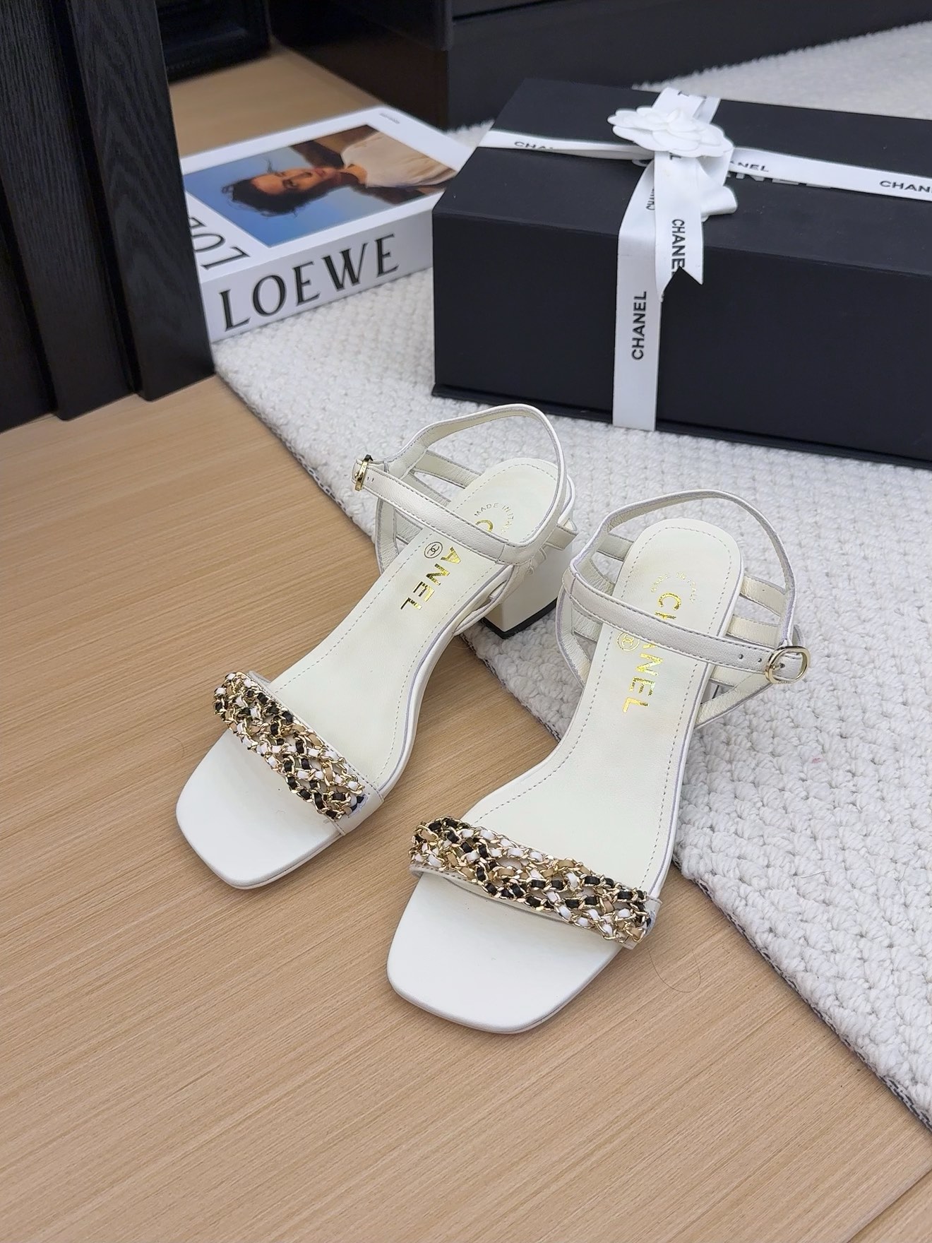Chanel Women's White Leather Heeled Sandals with Rhinestone Embellishments 3 i1742487978 3789 6