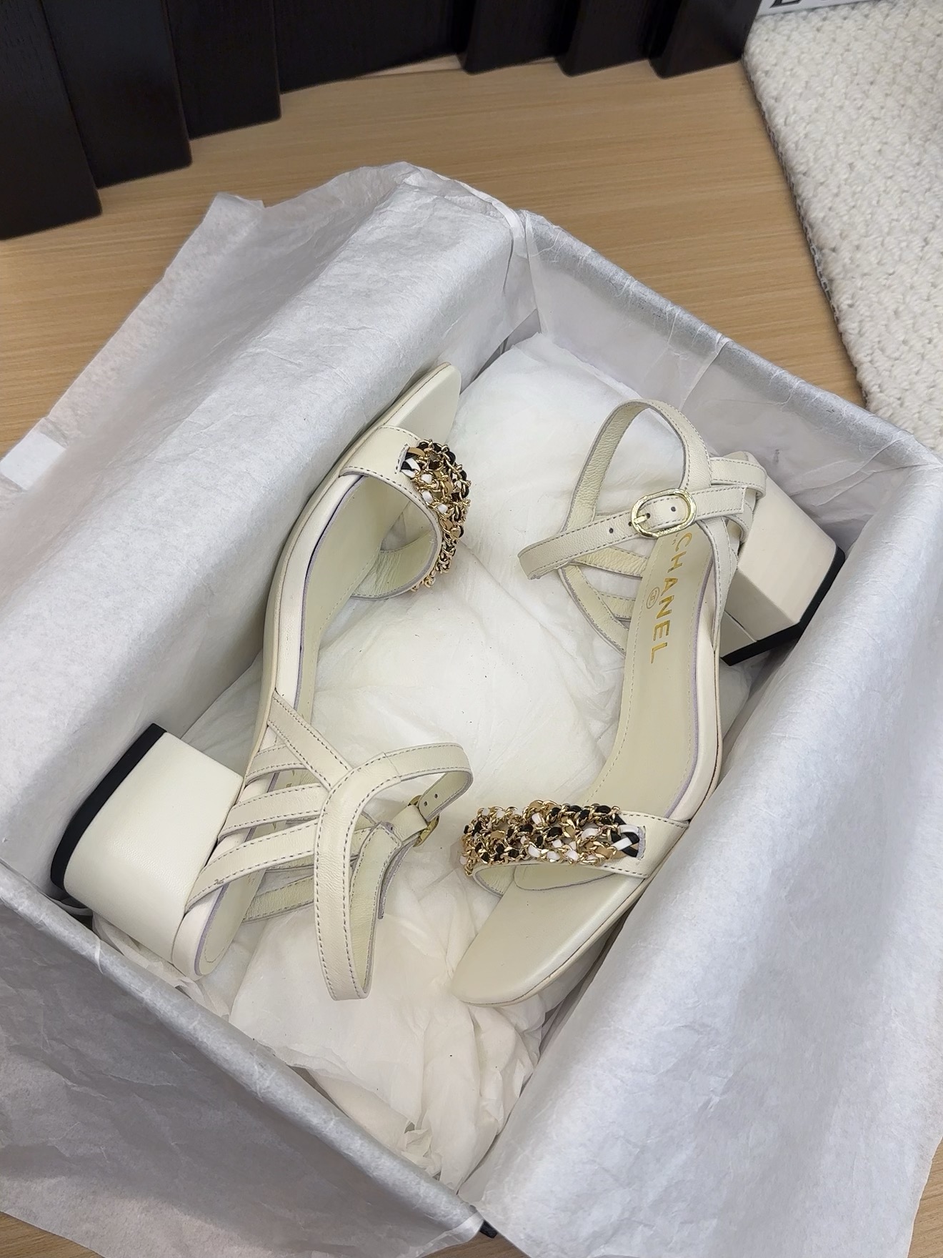 Chanel Women's White Leather Heeled Sandals with Rhinestone Embellishments 10 i1742487978 623 2