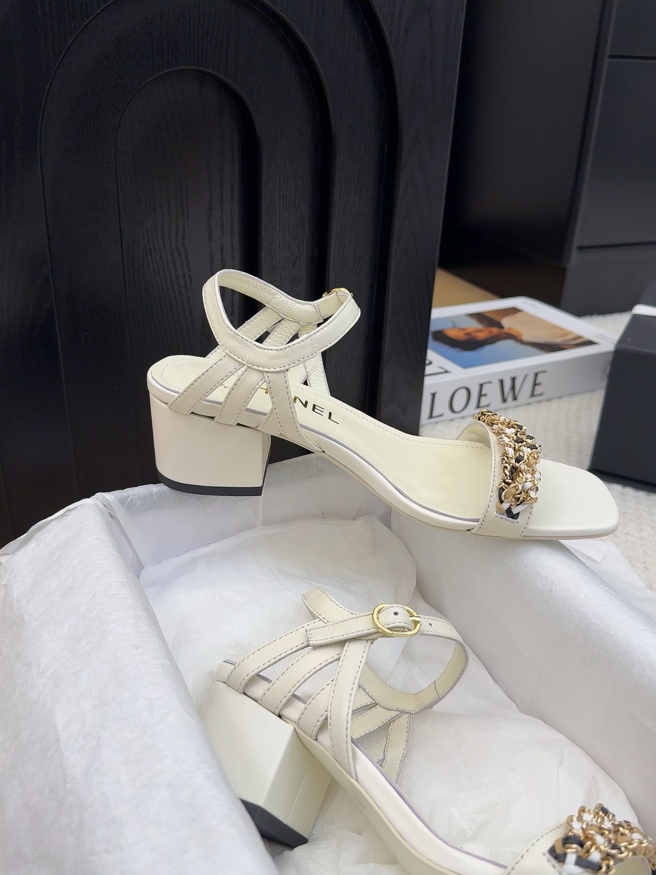 Chanel Women's White Leather Heeled Sandals with Rhinestone Embellishments 7 i1742487978 9161 3