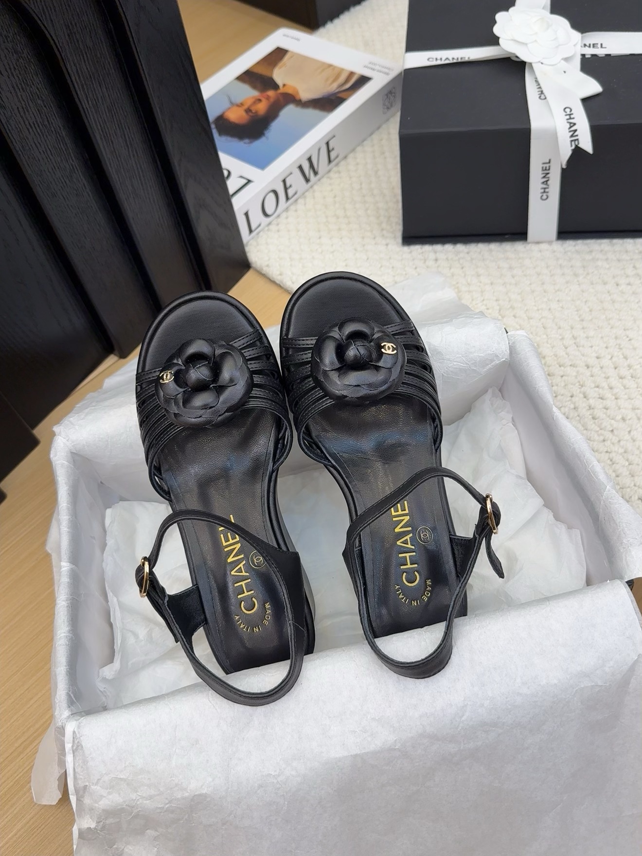 Elegant Black Leather Wedge Sandals with Floral Detail - Italian Craftsmanship 6 i1742491937 7555 7