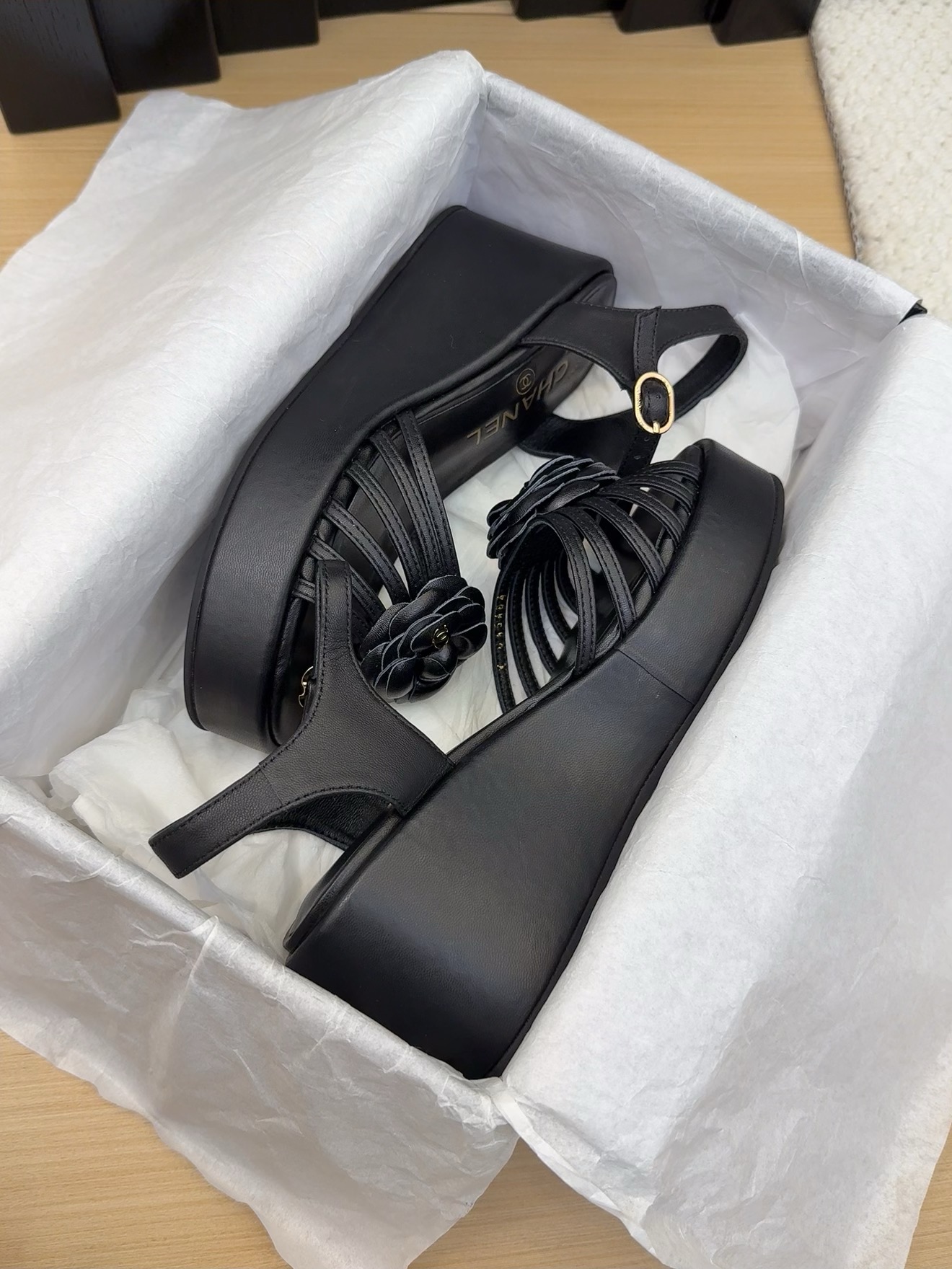 Elegant Black Leather Wedge Sandals with Floral Detail - Italian Craftsmanship 7 i1742491937 852 2
