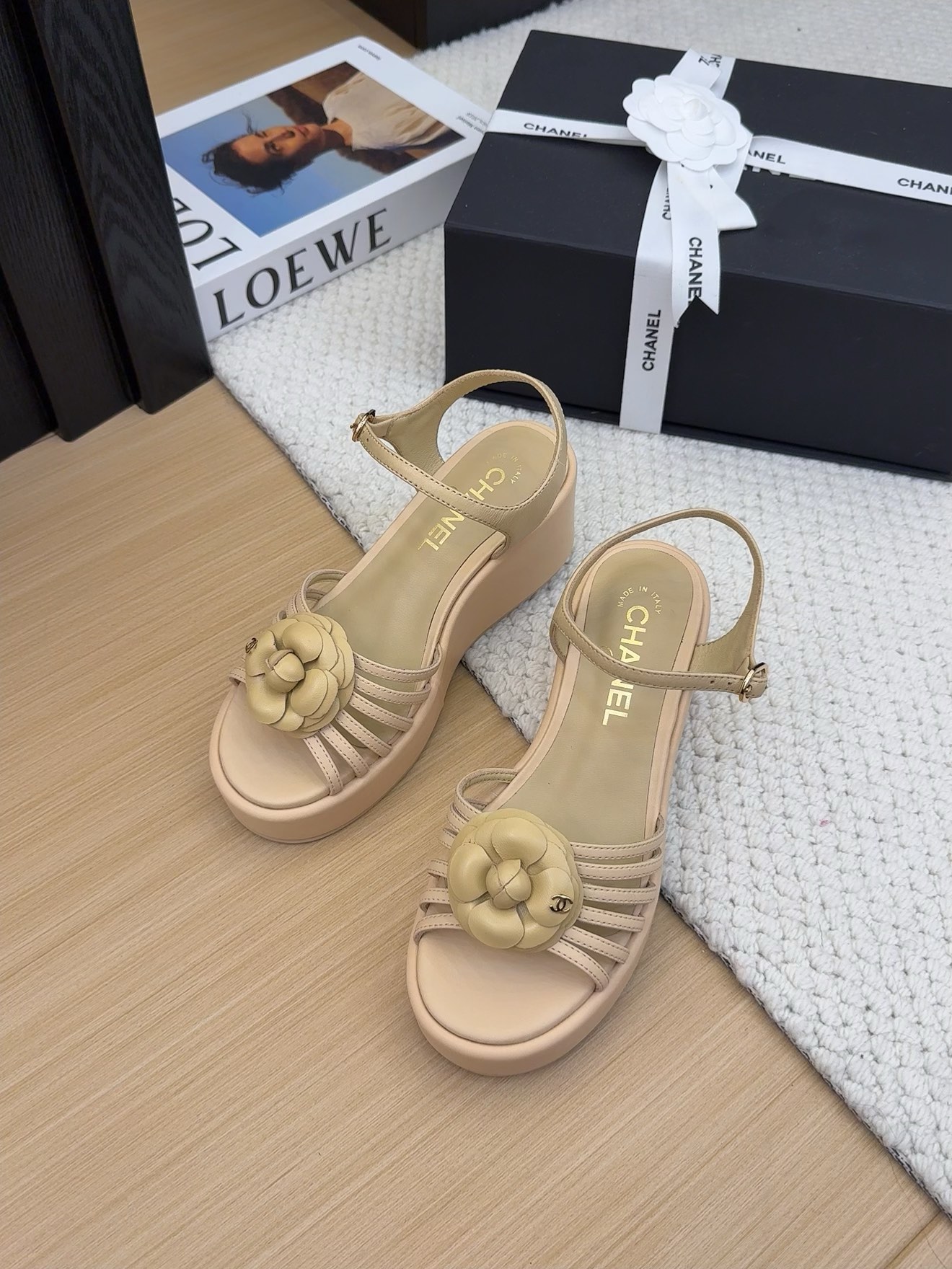 CHANEL Women's Beige Leather Flower Accent Platform Wedge Sandals 3 i1742492126 3041 1