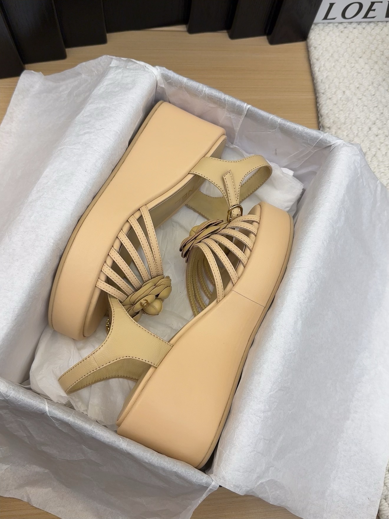 CHANEL Women's Beige Leather Flower Accent Platform Wedge Sandals 6 i1742492126 3417 5