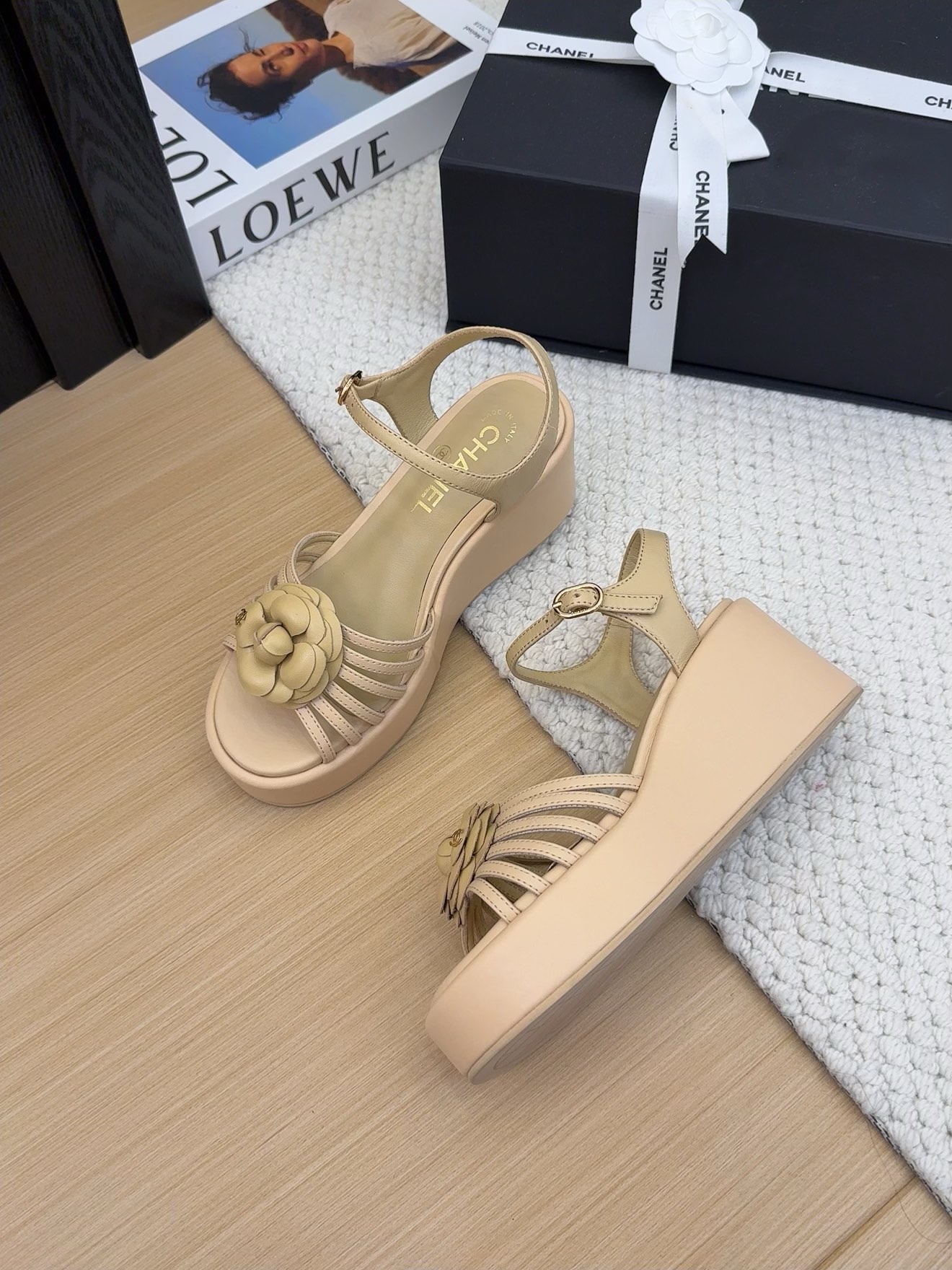 CHANEL Women's Beige Leather Flower Accent Platform Wedge Sandals 1 CHANEL Women's Beige Leather Flower Accent Platform Wedge Sandals