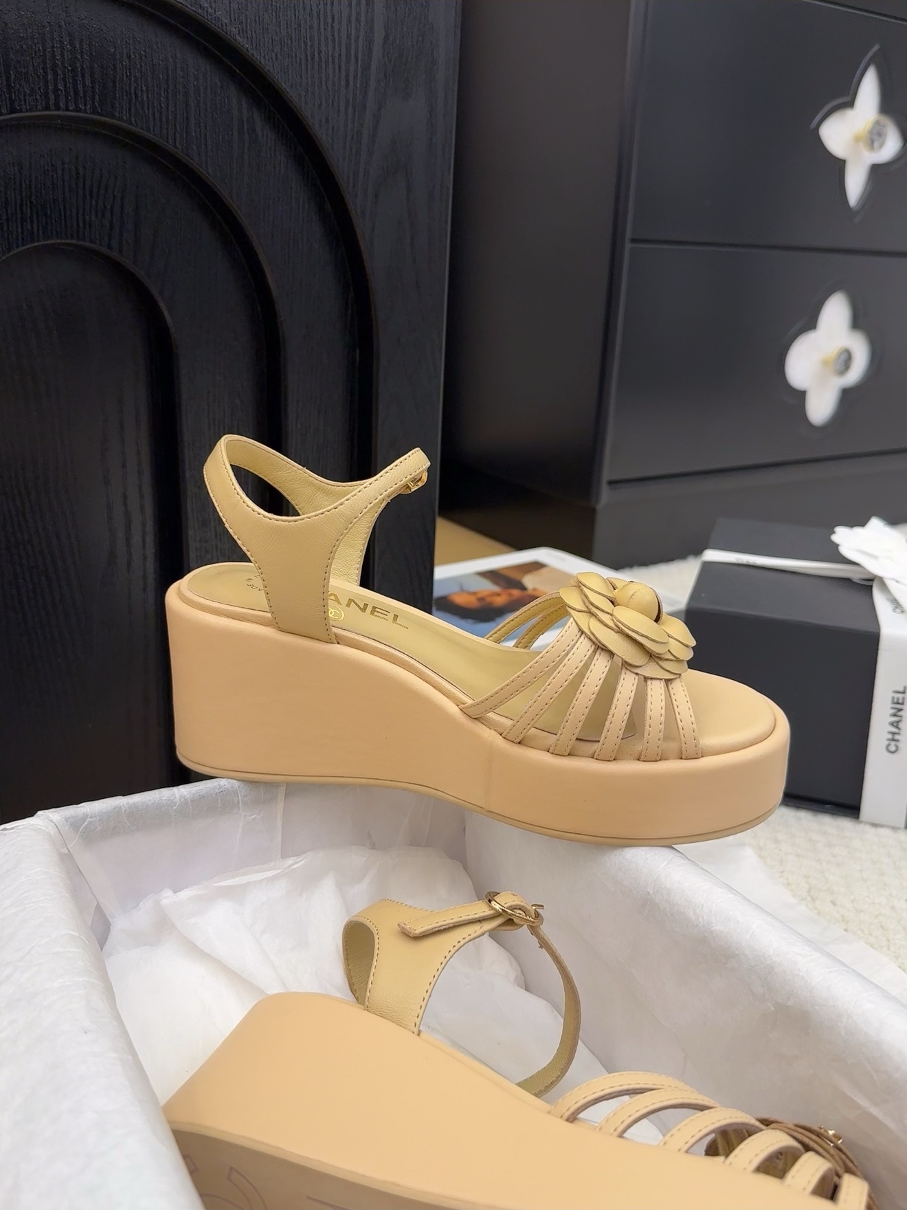 CHANEL Women's Beige Leather Flower Accent Platform Wedge Sandals 7 i1742492126 4823 8