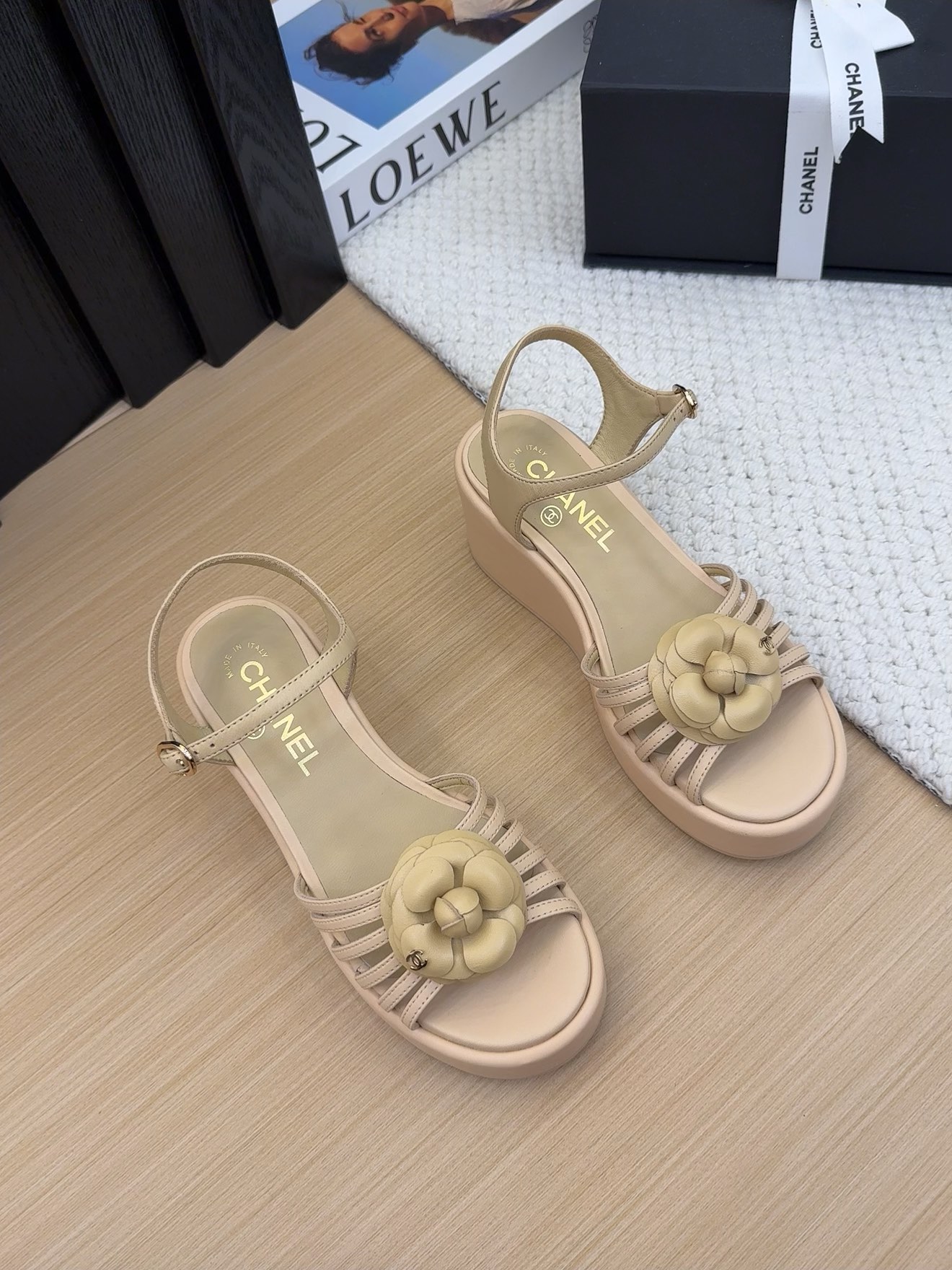 CHANEL Women's Beige Leather Flower Accent Platform Wedge Sandals 4 i1742492126 4901 0