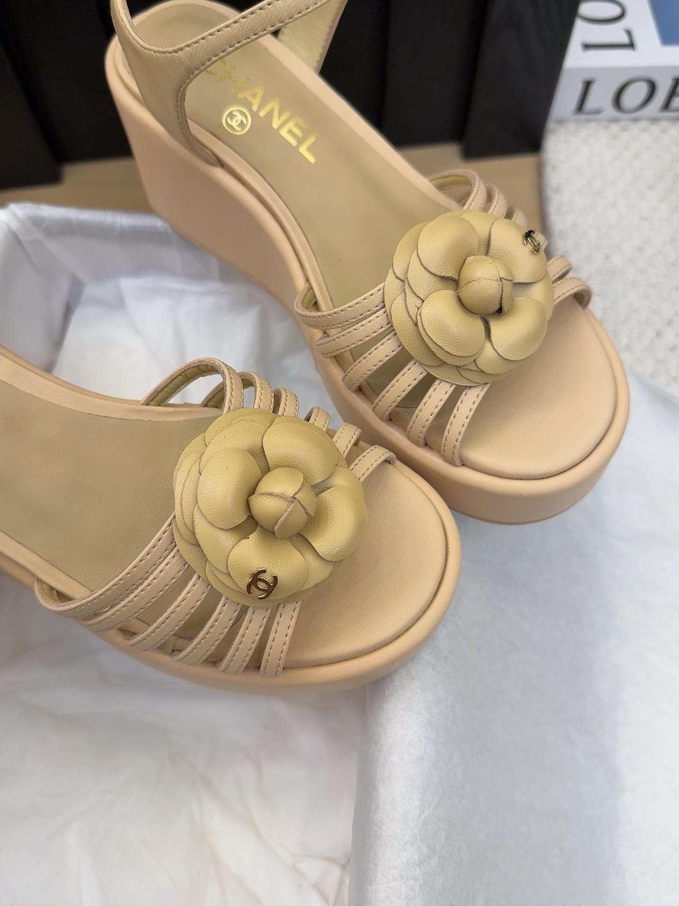 CHANEL Women's Beige Leather Flower Accent Platform Wedge Sandals 8 i1742492126 583 4