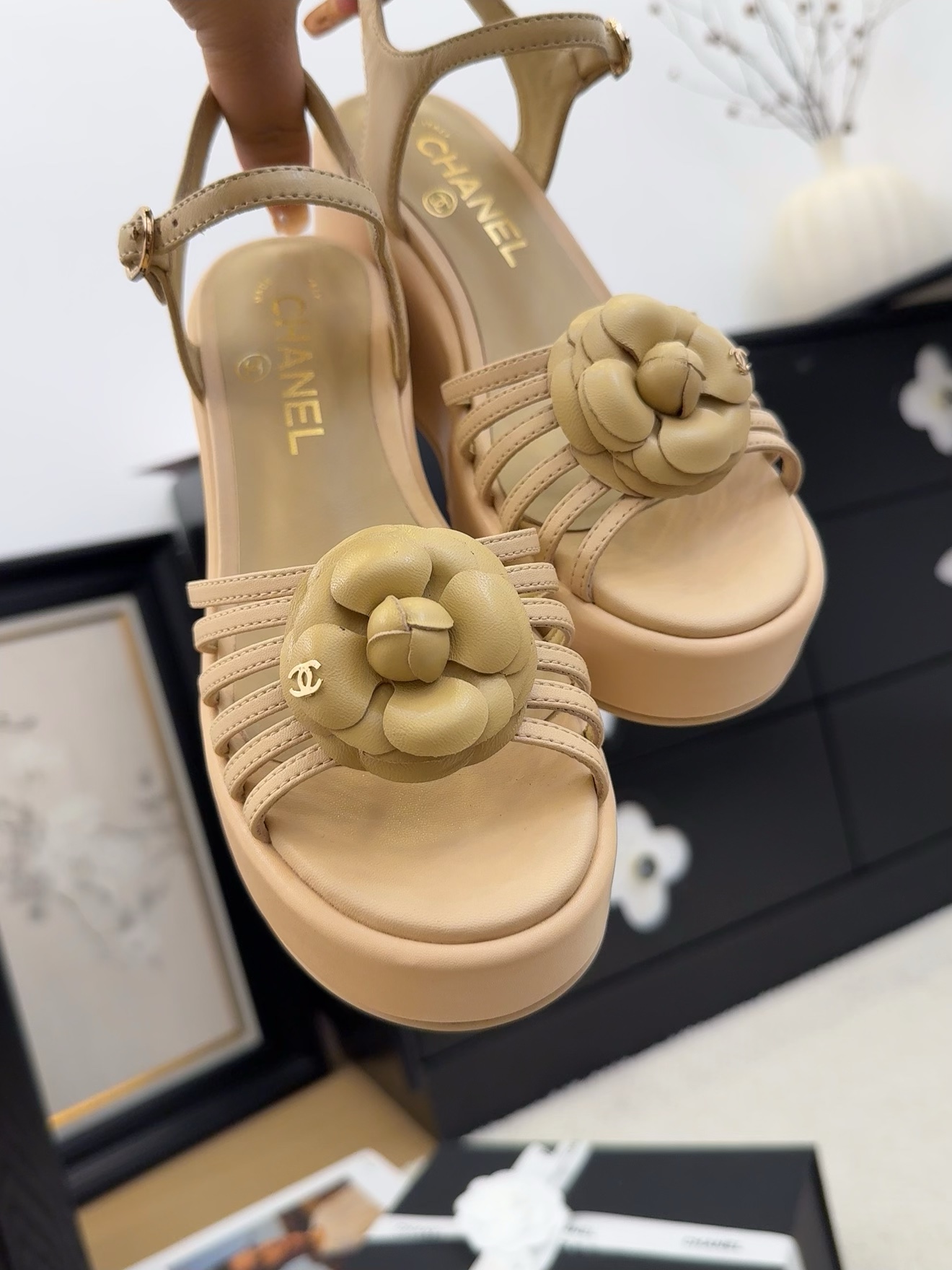 CHANEL Women's Beige Leather Flower Accent Platform Wedge Sandals 5 i1742492126 5998 7