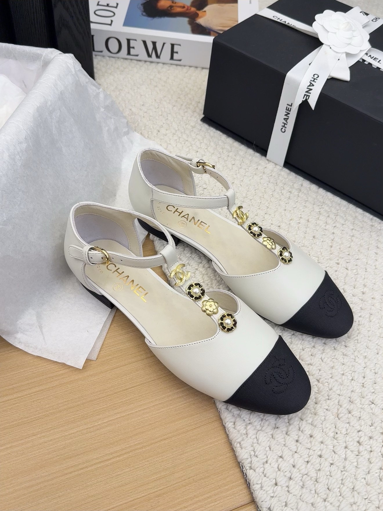 Chanel 25 Genuine Leather Ballet Flats with Floral Embellishments