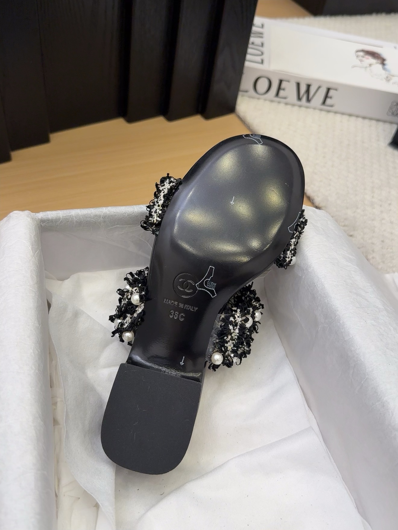 Elegant Chanel Women's Sandals with Pearl Embellishments, Black and White 8 i1742905022 1724 0