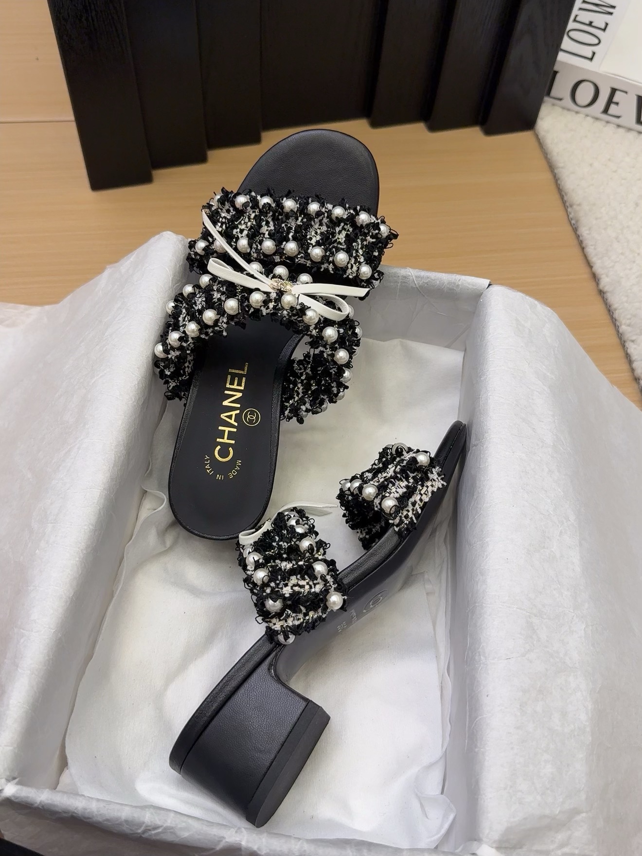 Elegant Chanel Women's Sandals with Pearl Embellishments, Black and White 9 i1742905022 2054 7