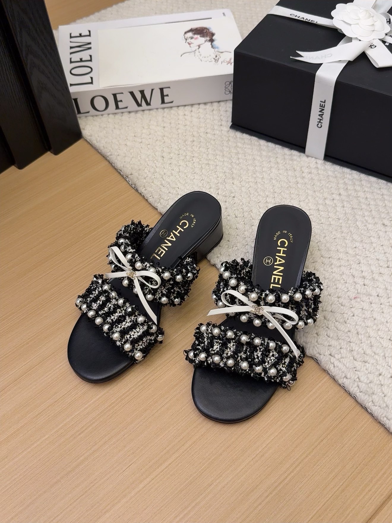Elegant Chanel Women's Sandals with Pearl Embellishments, Black and White 3 i1742905022 3581 3
