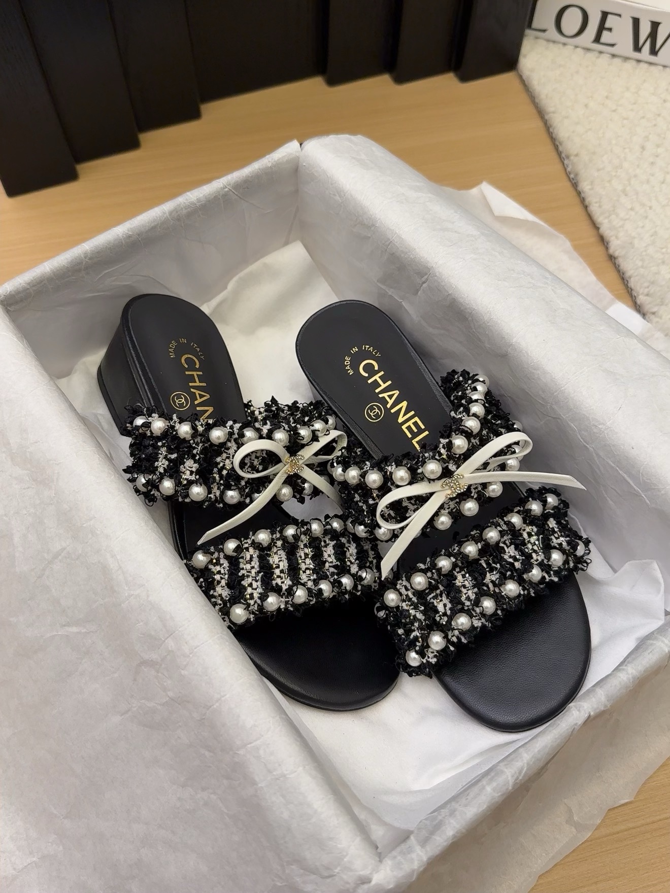 Elegant Chanel Women's Sandals with Pearl Embellishments, Black and White 10 i1742905022 4585 2