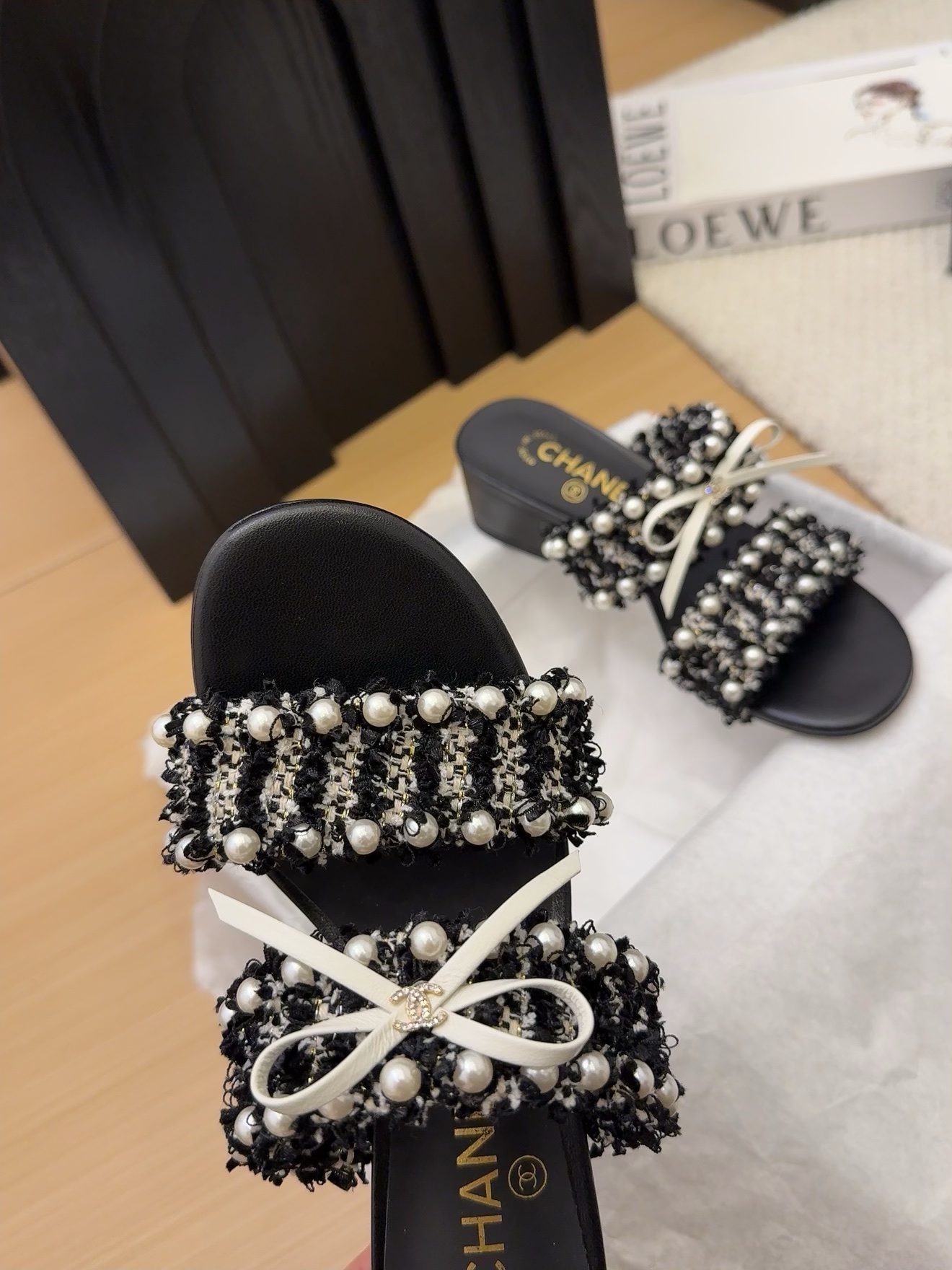 Elegant Chanel Women's Sandals with Pearl Embellishments, Black and White 6 i1742905022 6063 5