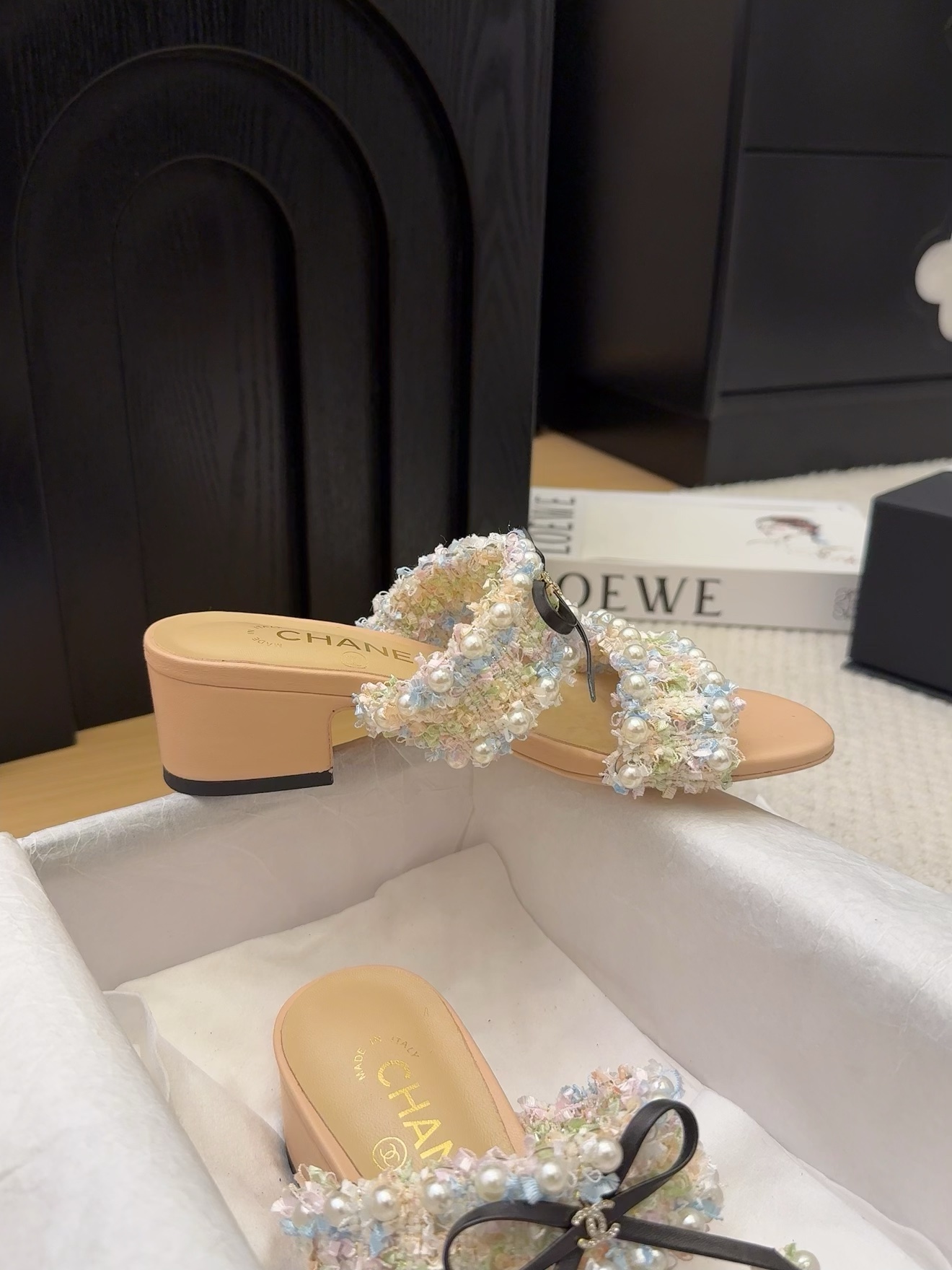 CHANEL Women's Pearl Embellished Block Heel Sandals, Beige, Size 35-39 10 i1742905055 1489 3