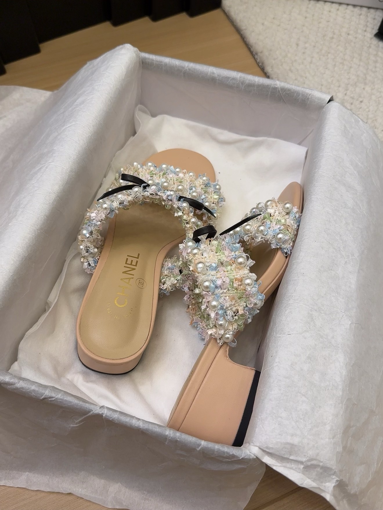 CHANEL Women's Pearl Embellished Block Heel Sandals, Beige, Size 35-39 8 i1742905055 6437 8