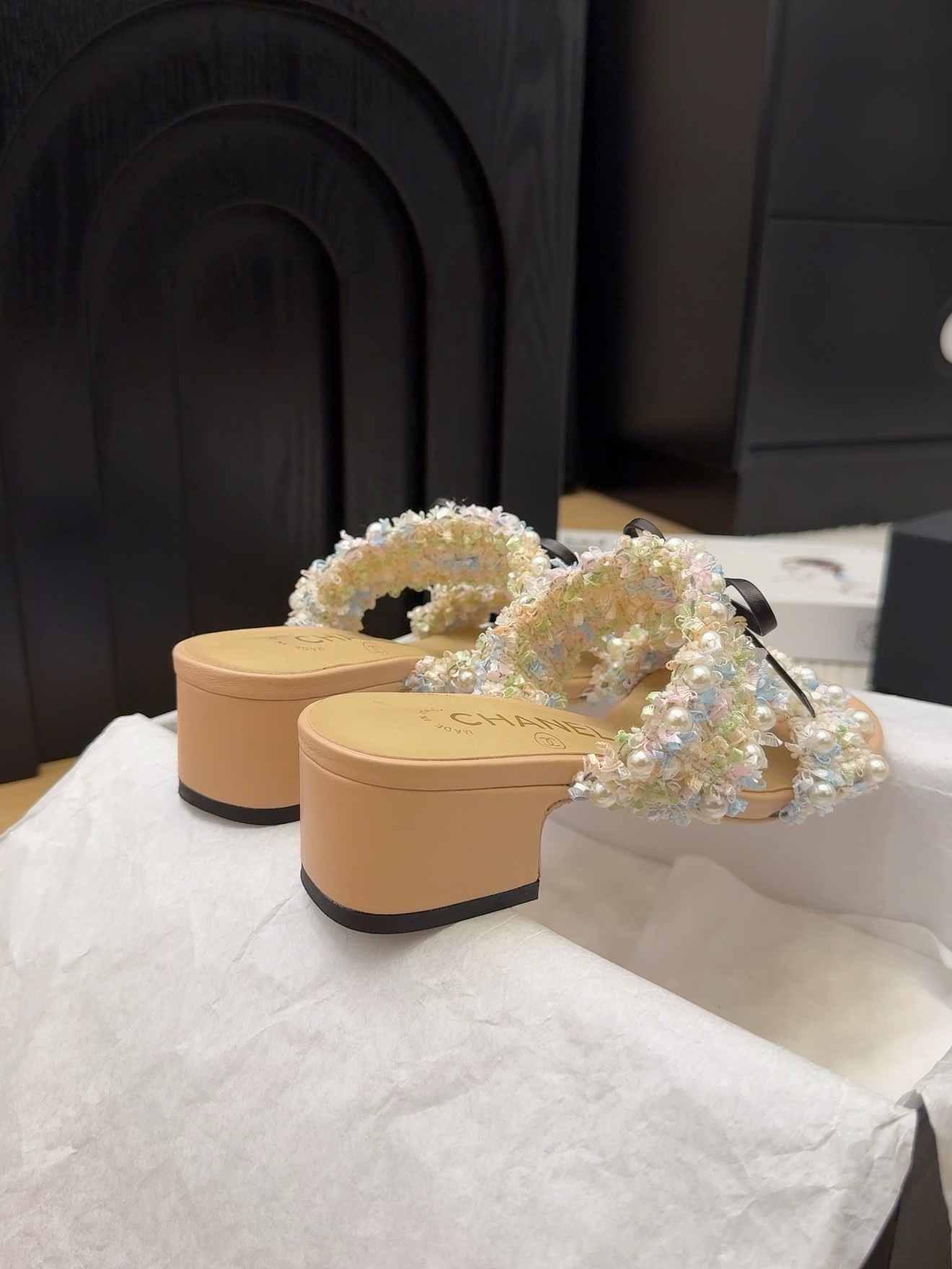 CHANEL Women's Pearl Embellished Block Heel Sandals, Beige, Size 35-39 6 i1742905055 9165 0