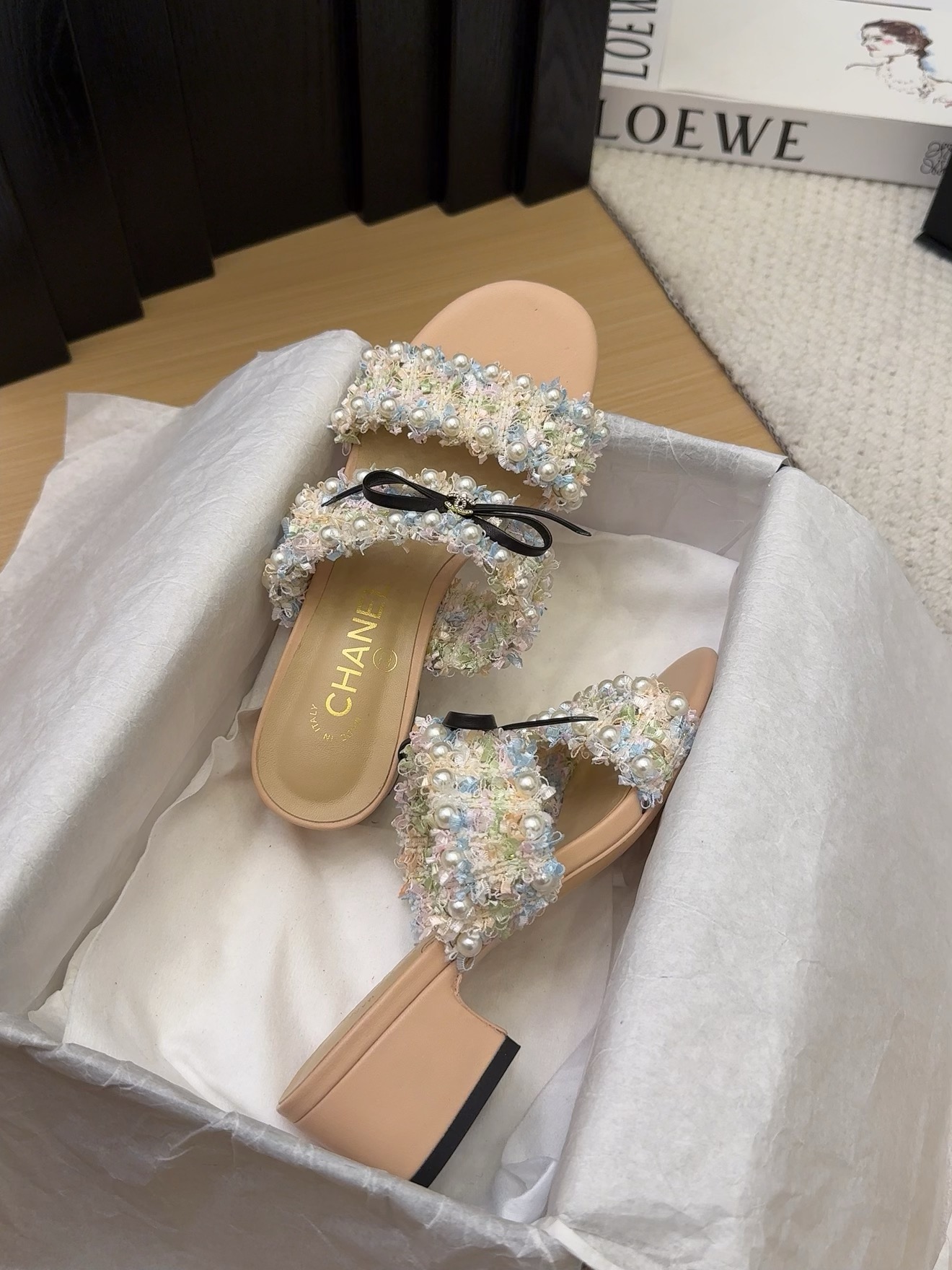 CHANEL Women's Pearl Embellished Block Heel Sandals, Beige, Size 35-39 7 i1742905055 9352 2