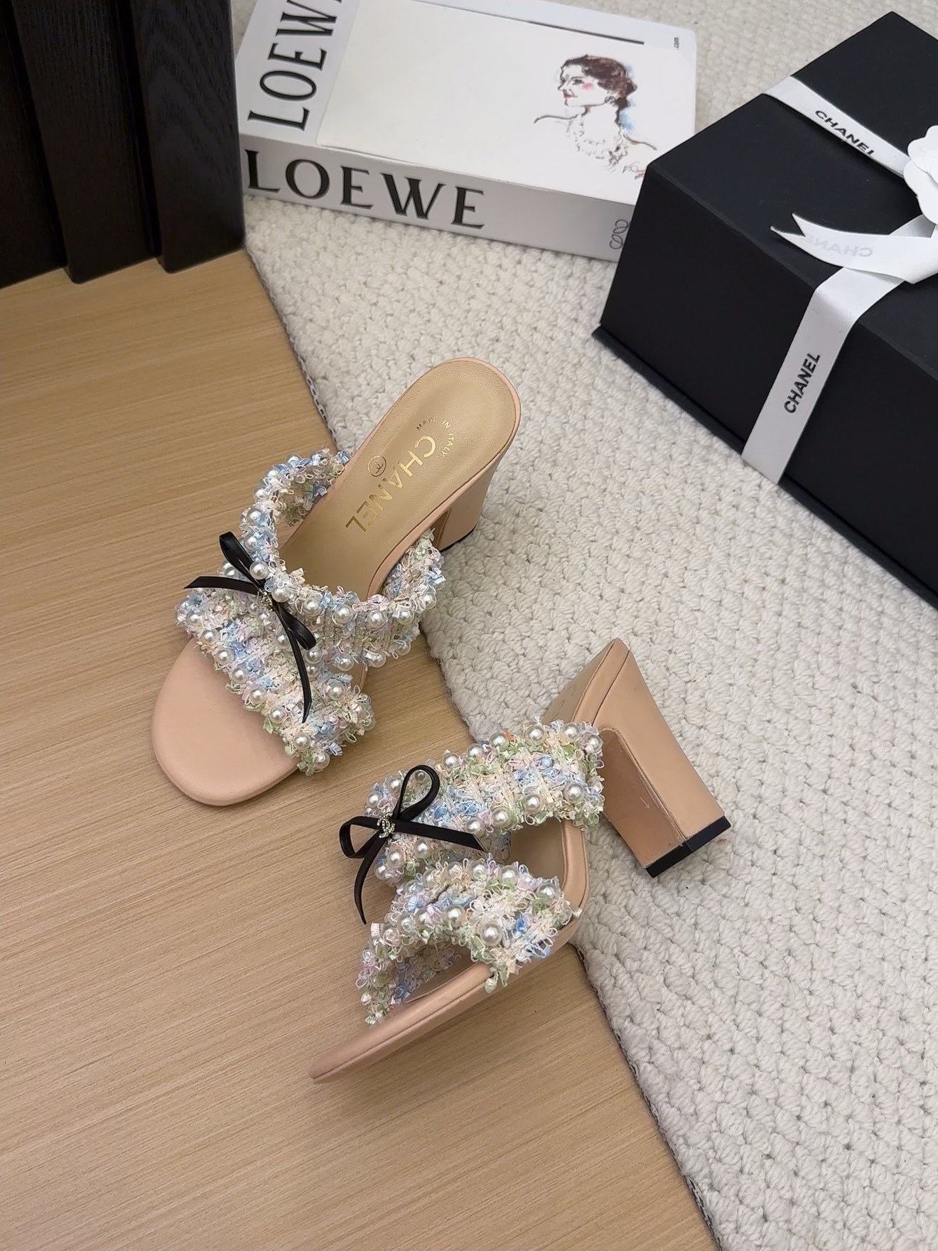 Elegant Tweed Block Heel Sandals Embellished with Pearls and Bows 1 Elegant Tweed Block Heel Sandals Embellished with Pearls and Bows