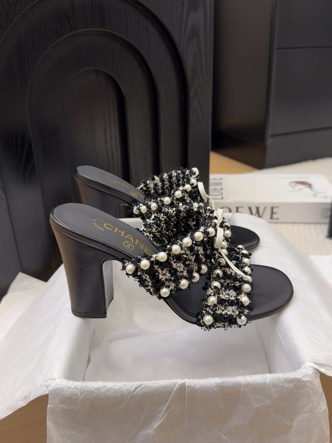 Elegant Chanel Heeled Sandals with Pearl Embellishments for Women, Black/White 5 i1742905186 220 8