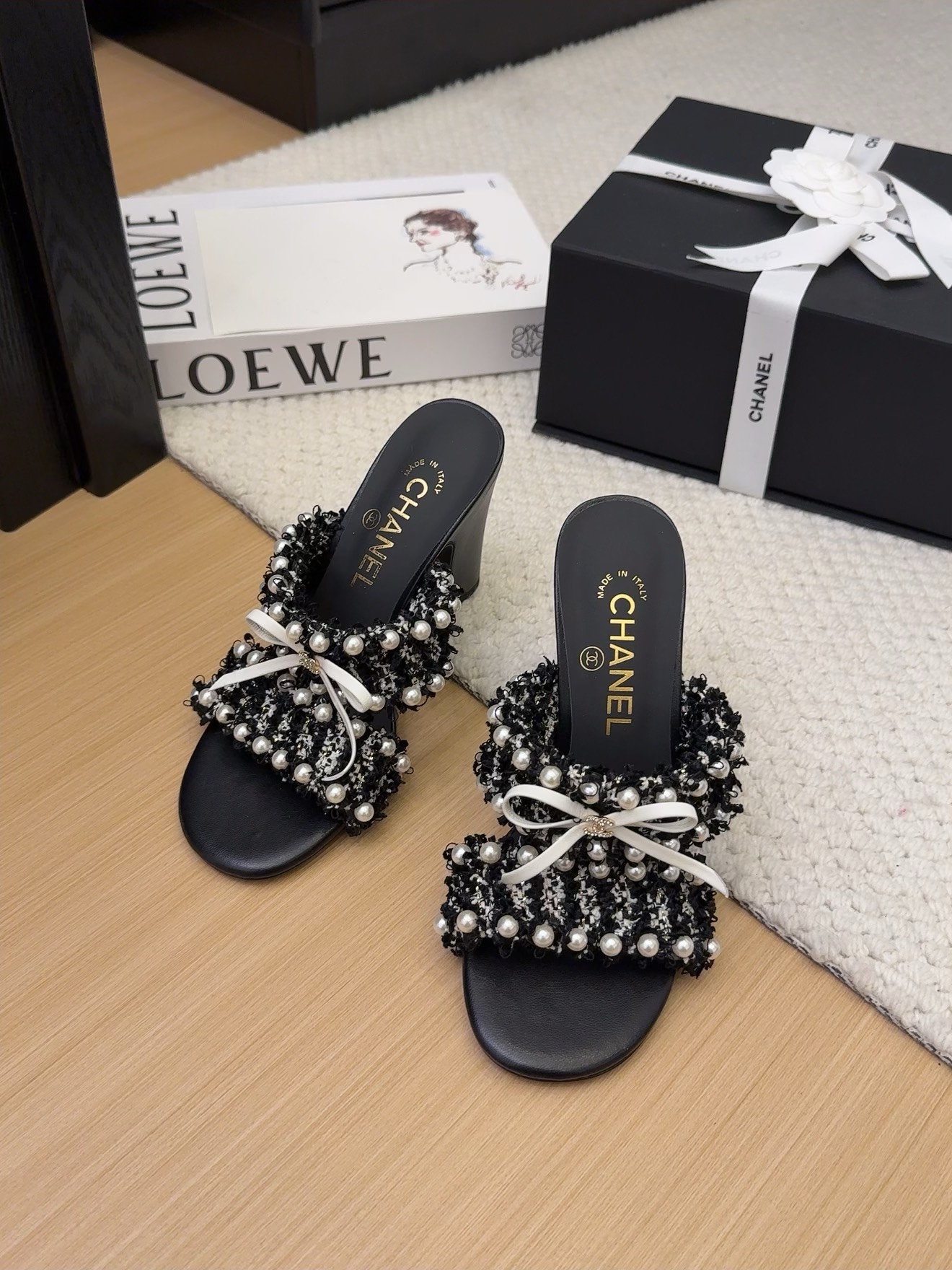 Elegant Chanel Heeled Sandals with Pearl Embellishments for Women, Black/White 3 i1742905186 3344 1