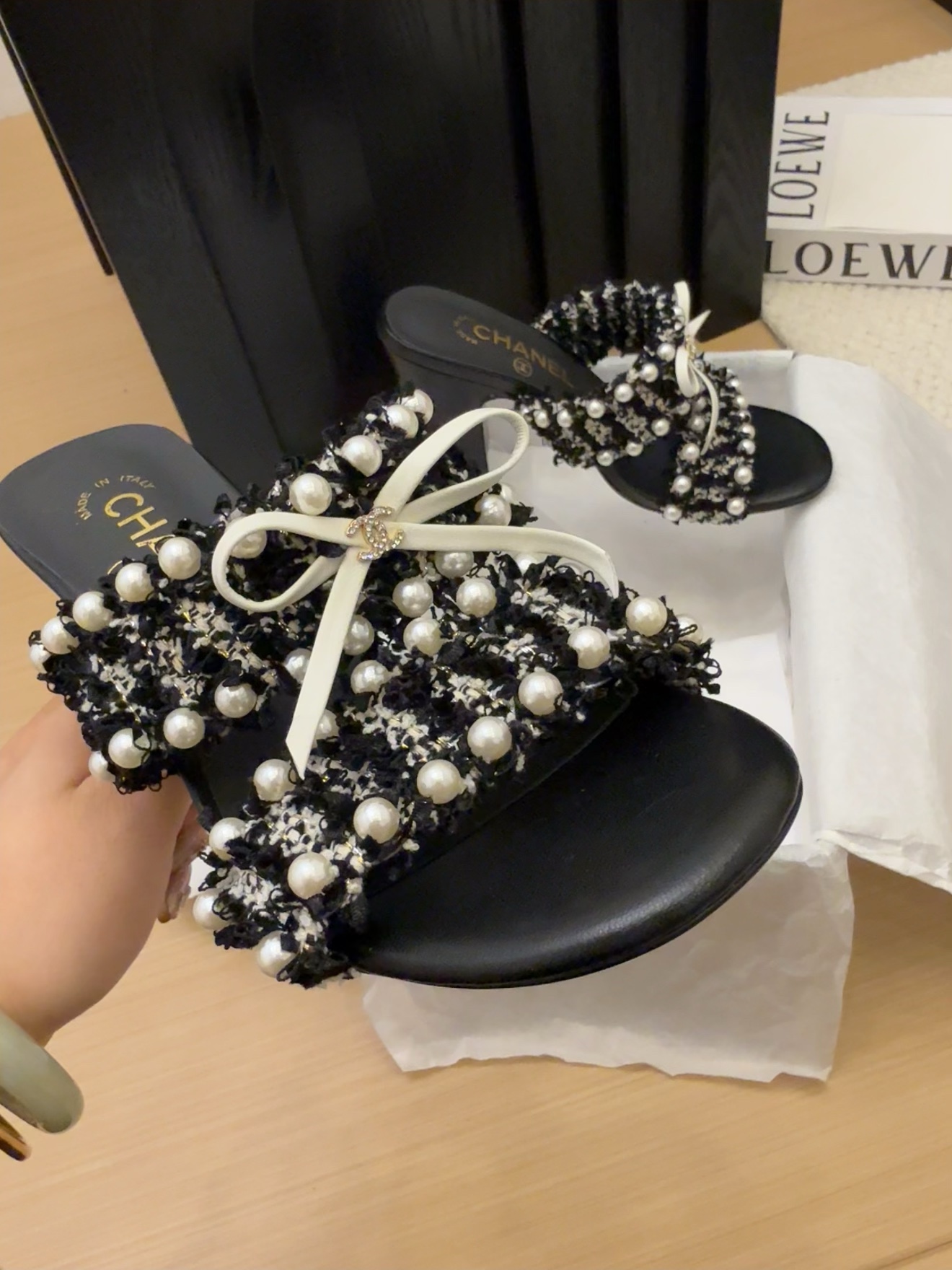 Elegant Chanel Heeled Sandals with Pearl Embellishments for Women, Black/White 6 i1742905186 6012 4