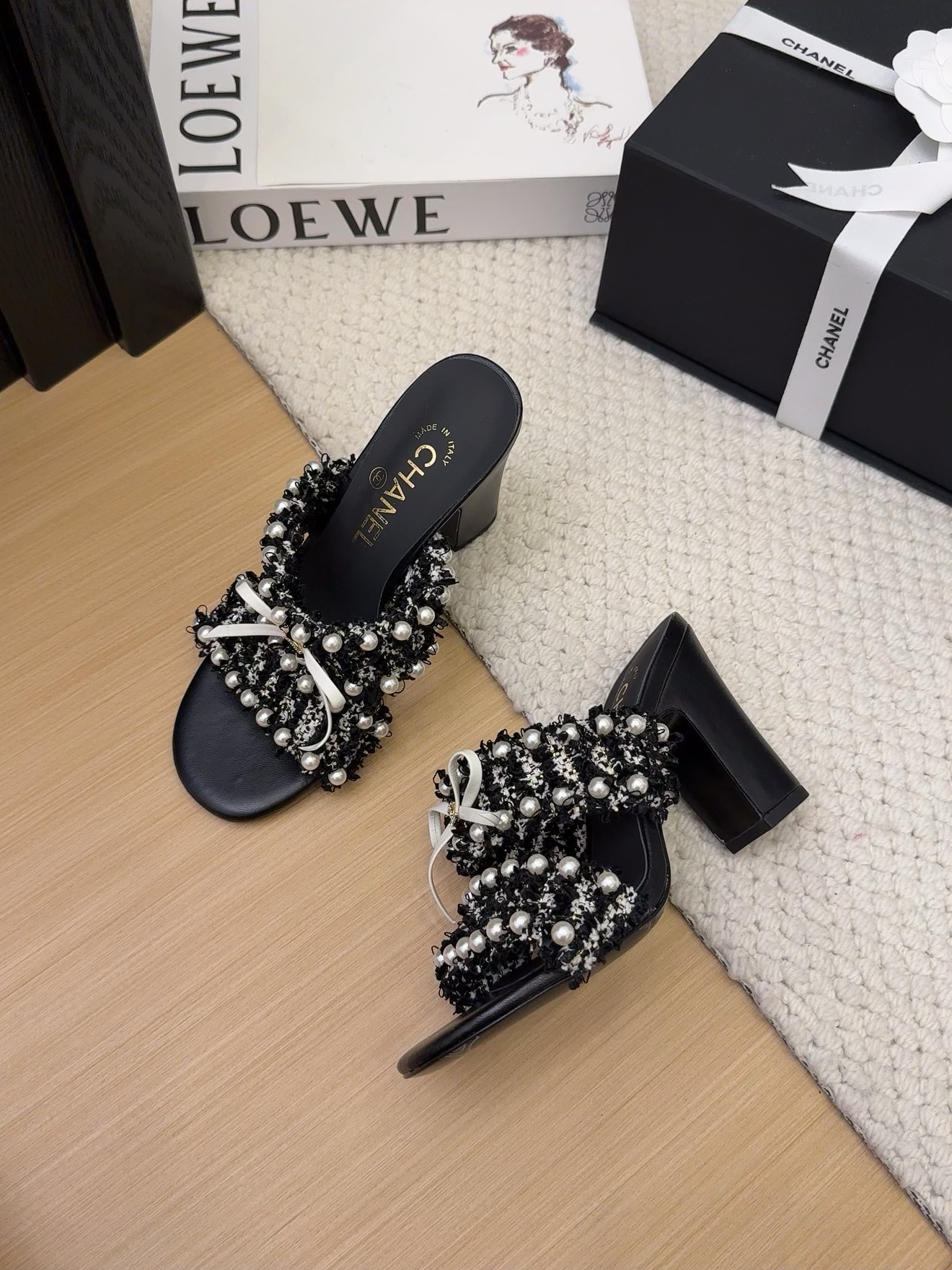 Elegant Chanel Heeled Sandals with Pearl Embellishments for Women, Black/White 2 i1742905186 7494 3