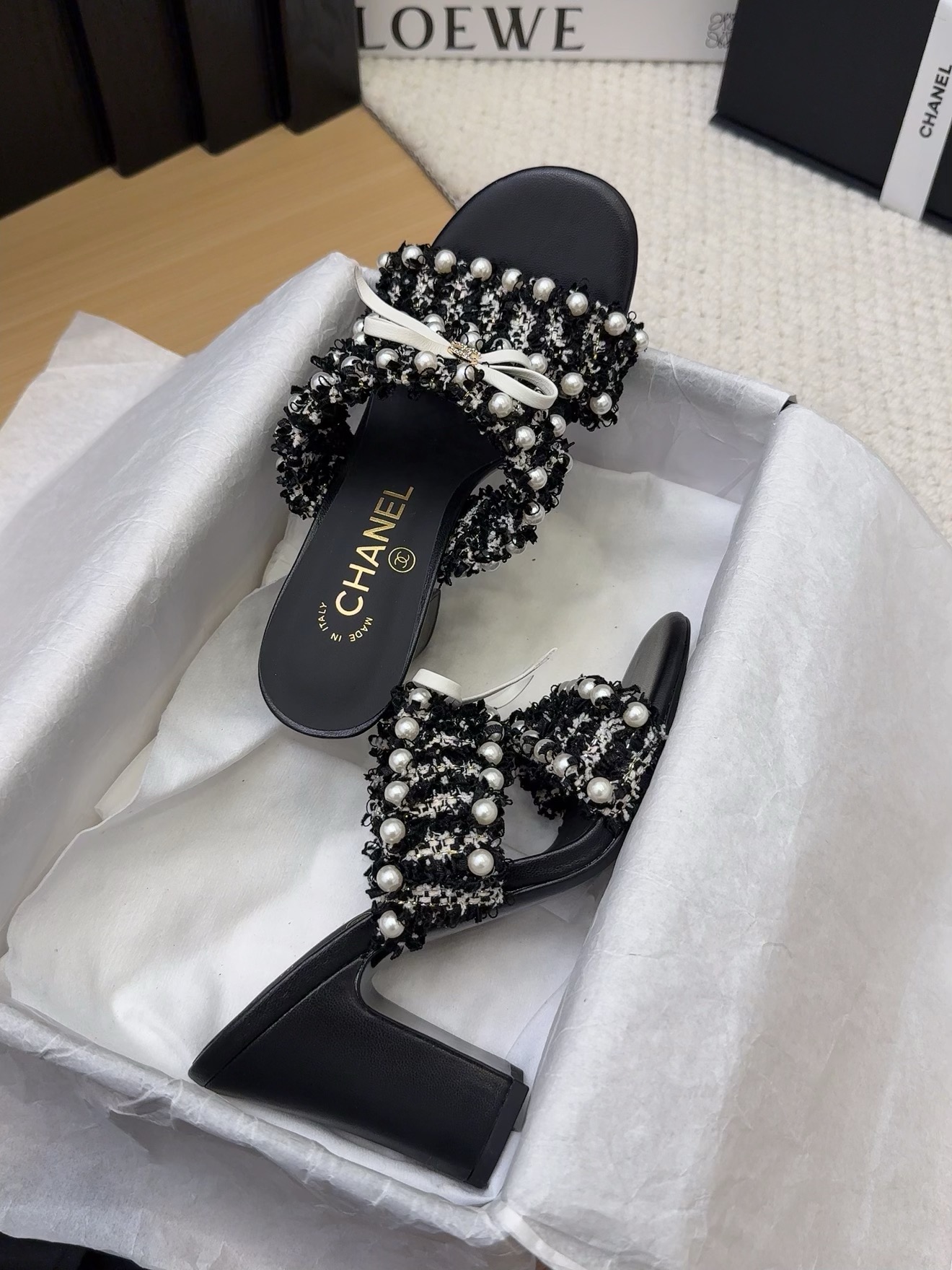 Elegant Chanel Heeled Sandals with Pearl Embellishments for Women, Black/White 8 i1742905186 8155 2