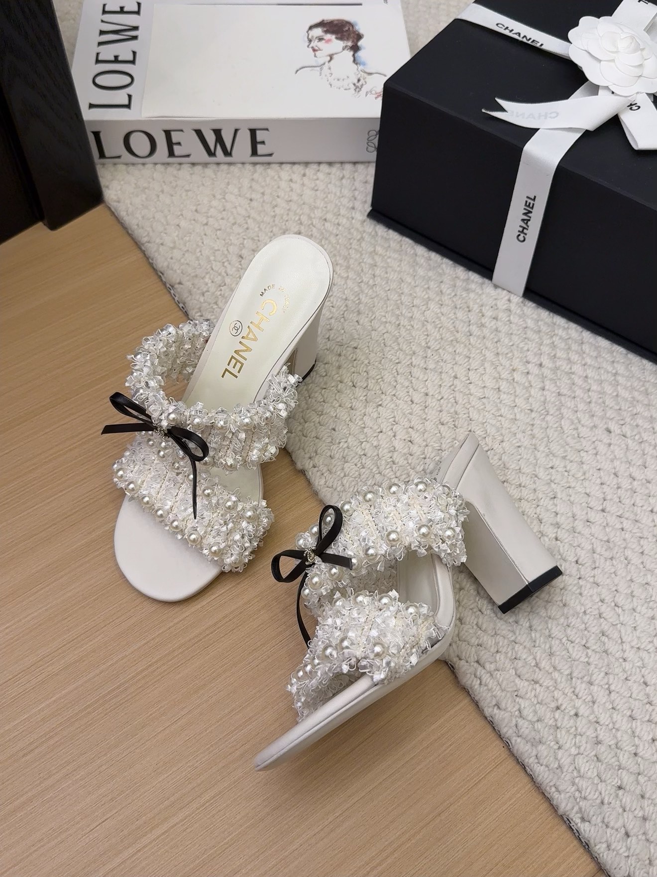 Elegant Chanel Heeled Sandals with Pearl and Ribbon Details - Perfect for Any Occasion 1 Elegant Chanel Heeled Sandals with Pearl and Ribbon Details - Perfect for Any Occasion
