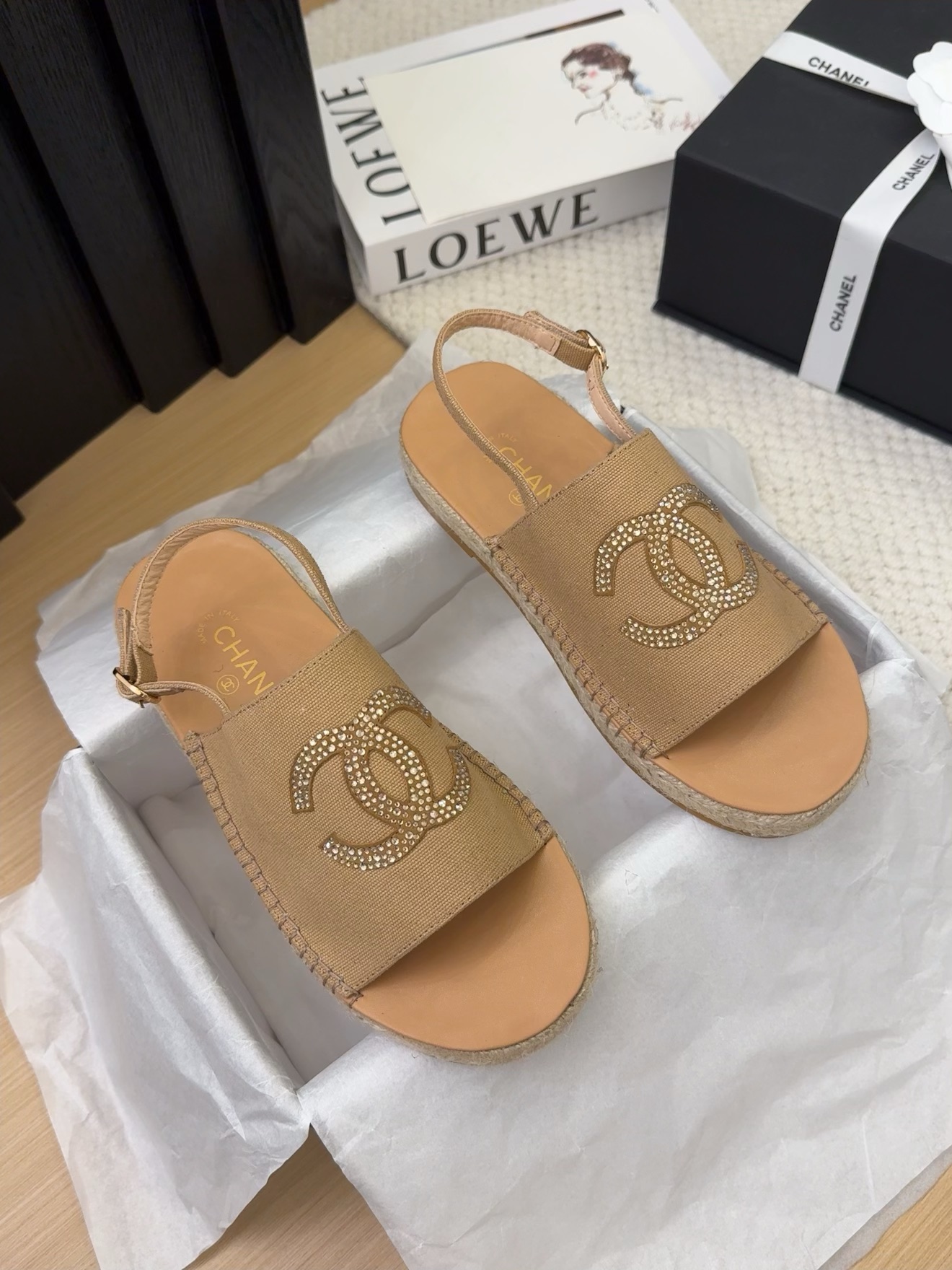 Elegant Espadrille Sandals with Iconic CC Logo, Beige, Women's Shoes 6 i1743053240 6072 0