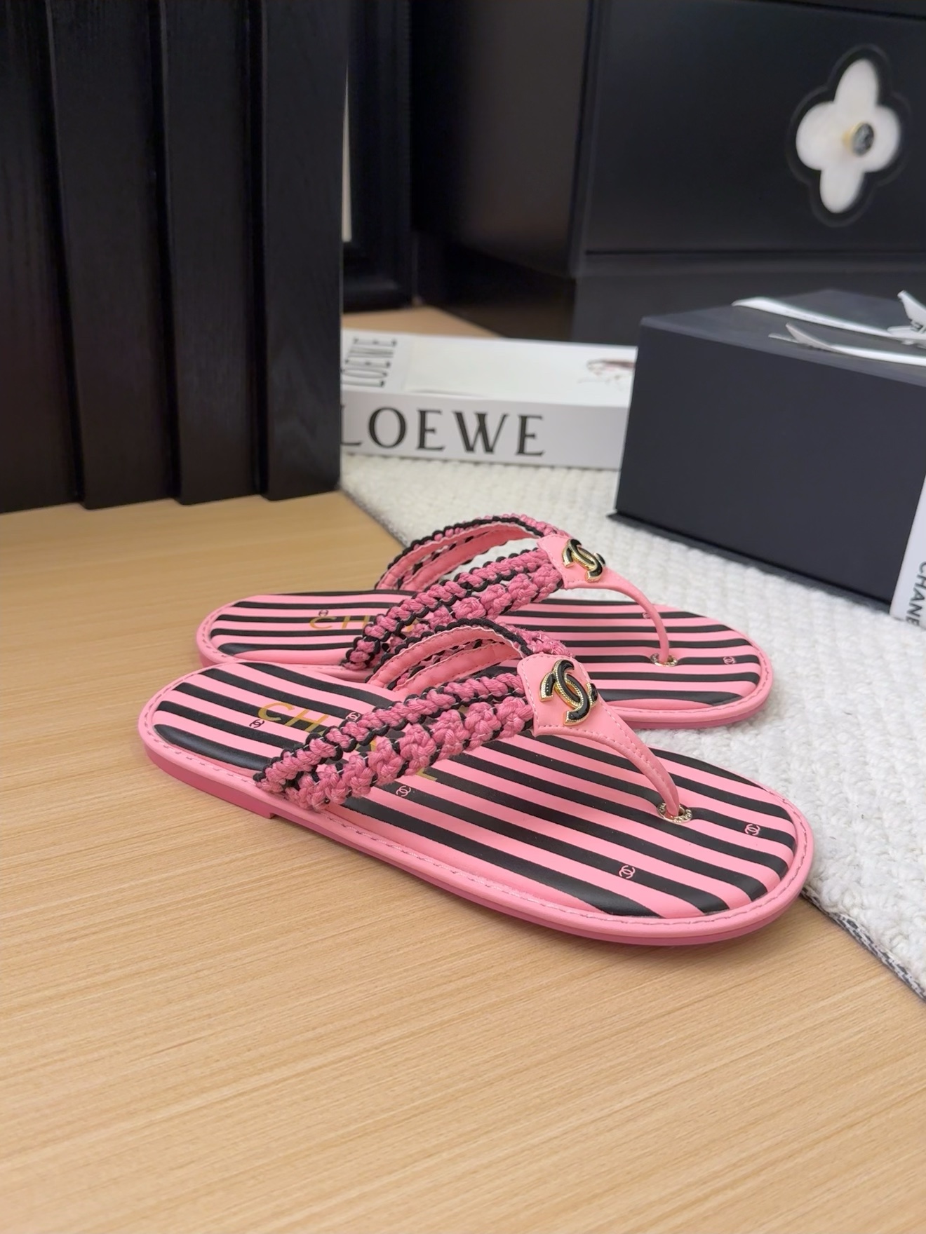Chanel Women's Pink Striped Thong Sandals with Braided Strap & CC Logo 5 i1743053520 3816 1