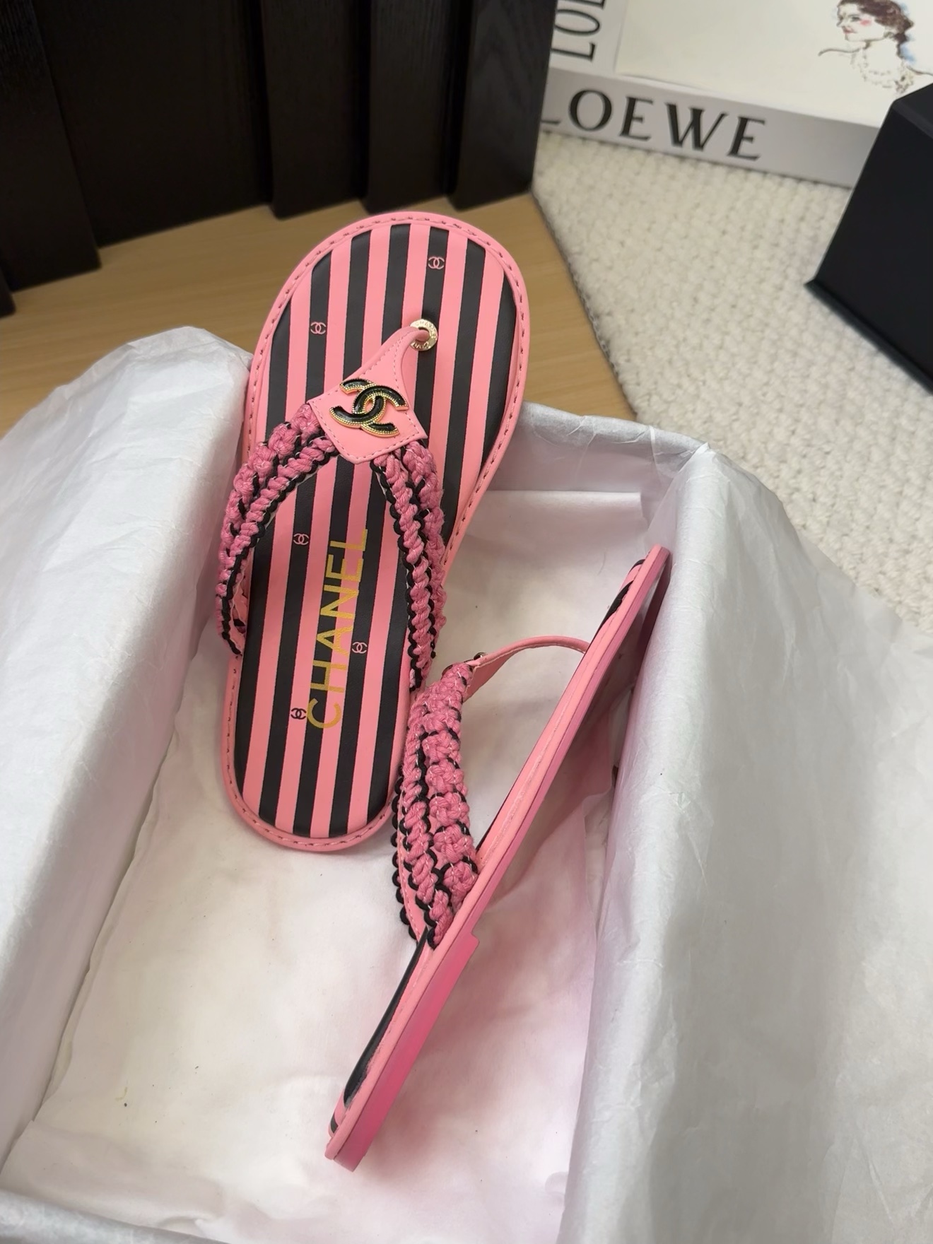 Chanel Women's Pink Striped Thong Sandals with Braided Strap & CC Logo 6 i1743053520 7015 0