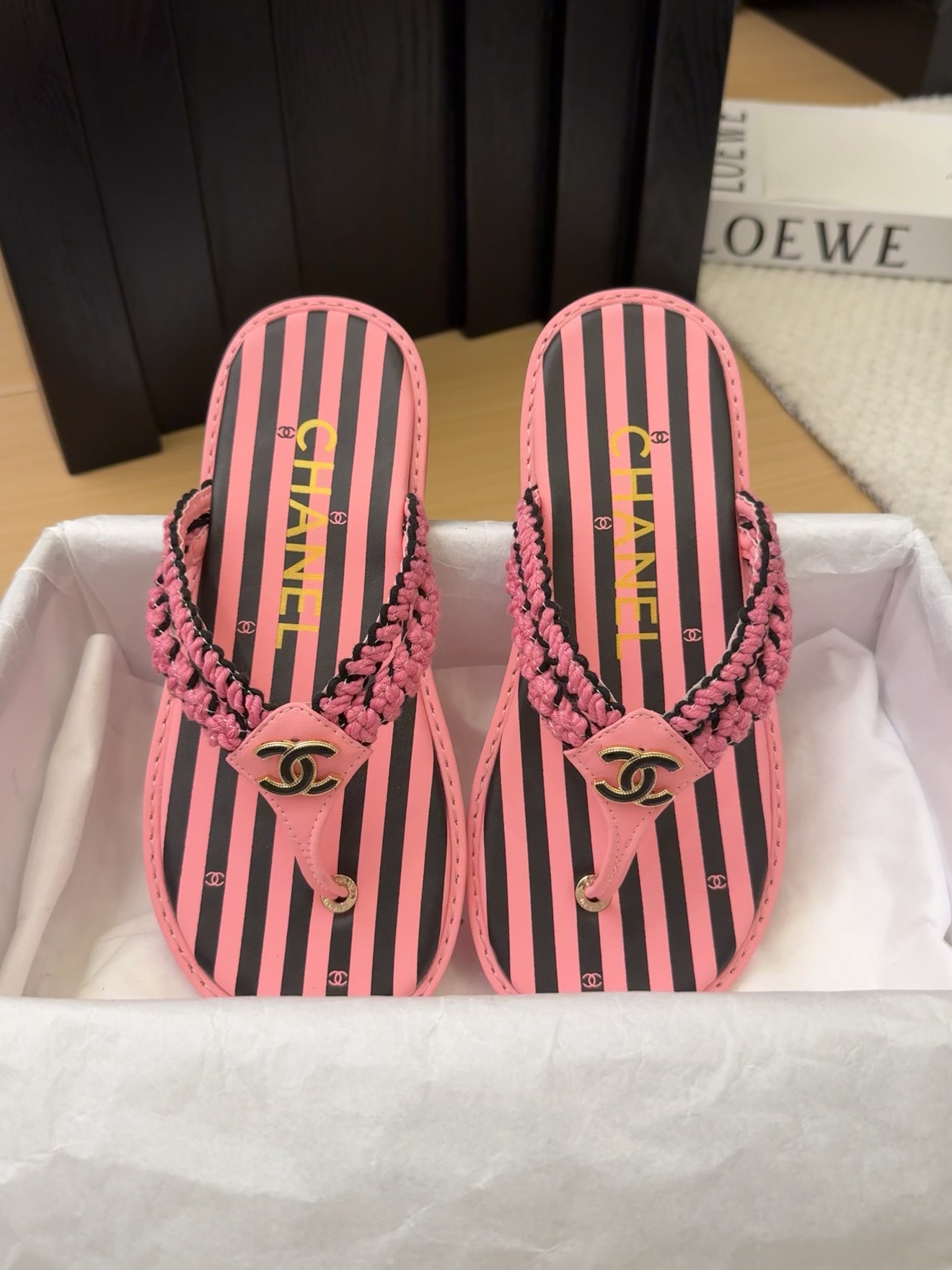 Chanel Women's Pink Striped Thong Sandals with Braided Strap & CC Logo 9 i1743053520 7050 6