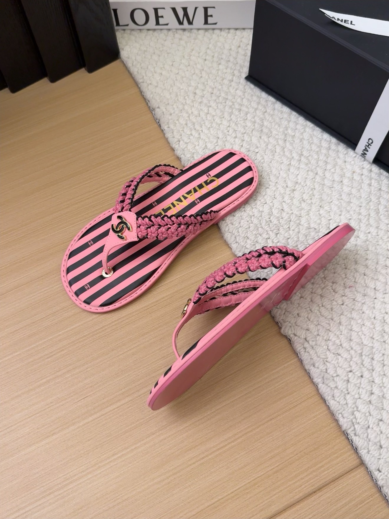 Chanel Women's Pink Striped Thong Sandals with Braided Strap & CC Logo 3 i1743053520 7737 3