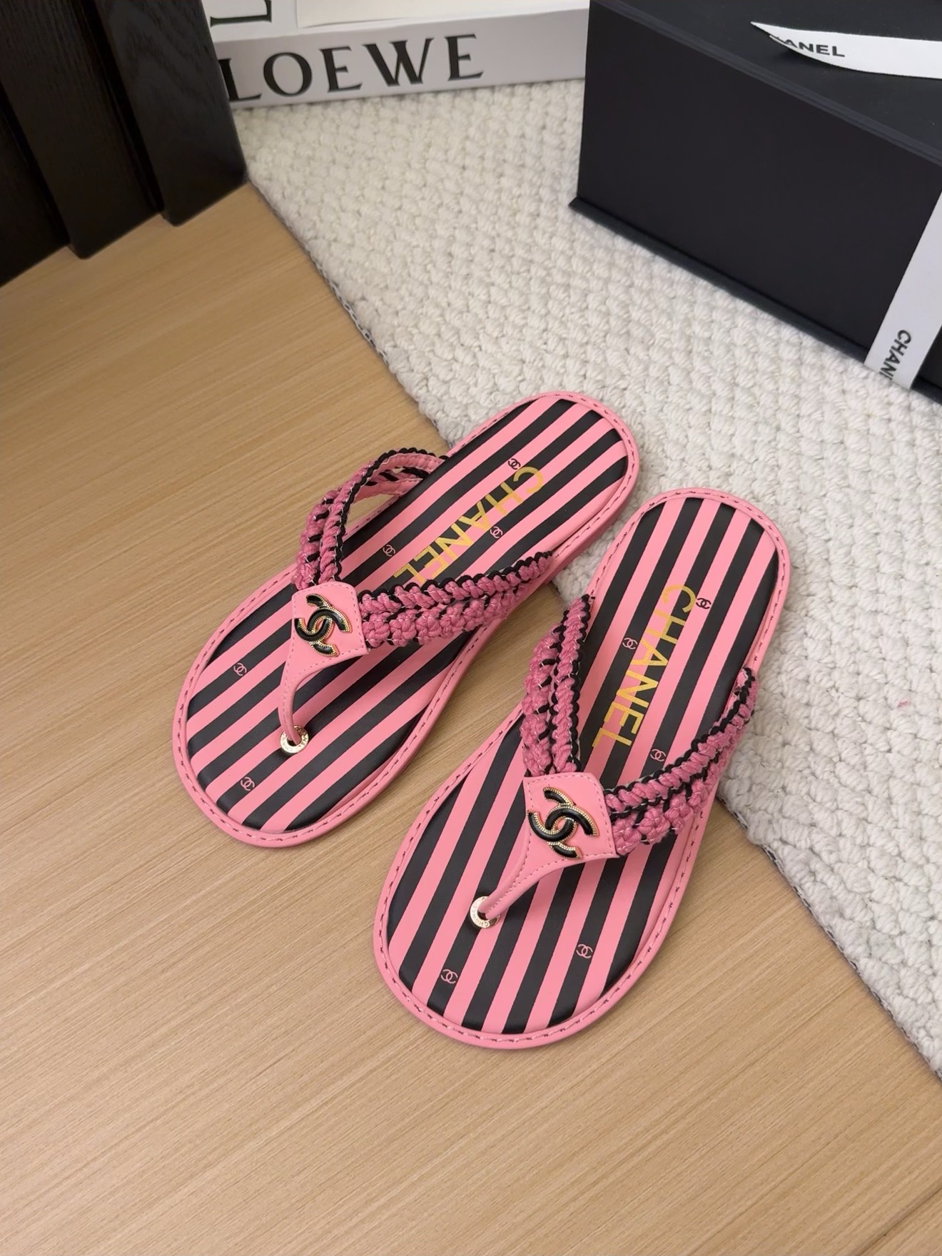 Chanel Women's Pink Striped Thong Sandals with Braided Strap & CC Logo 1 Chanel Women's Pink Striped Thong Sandals with Braided Strap & CC Logo