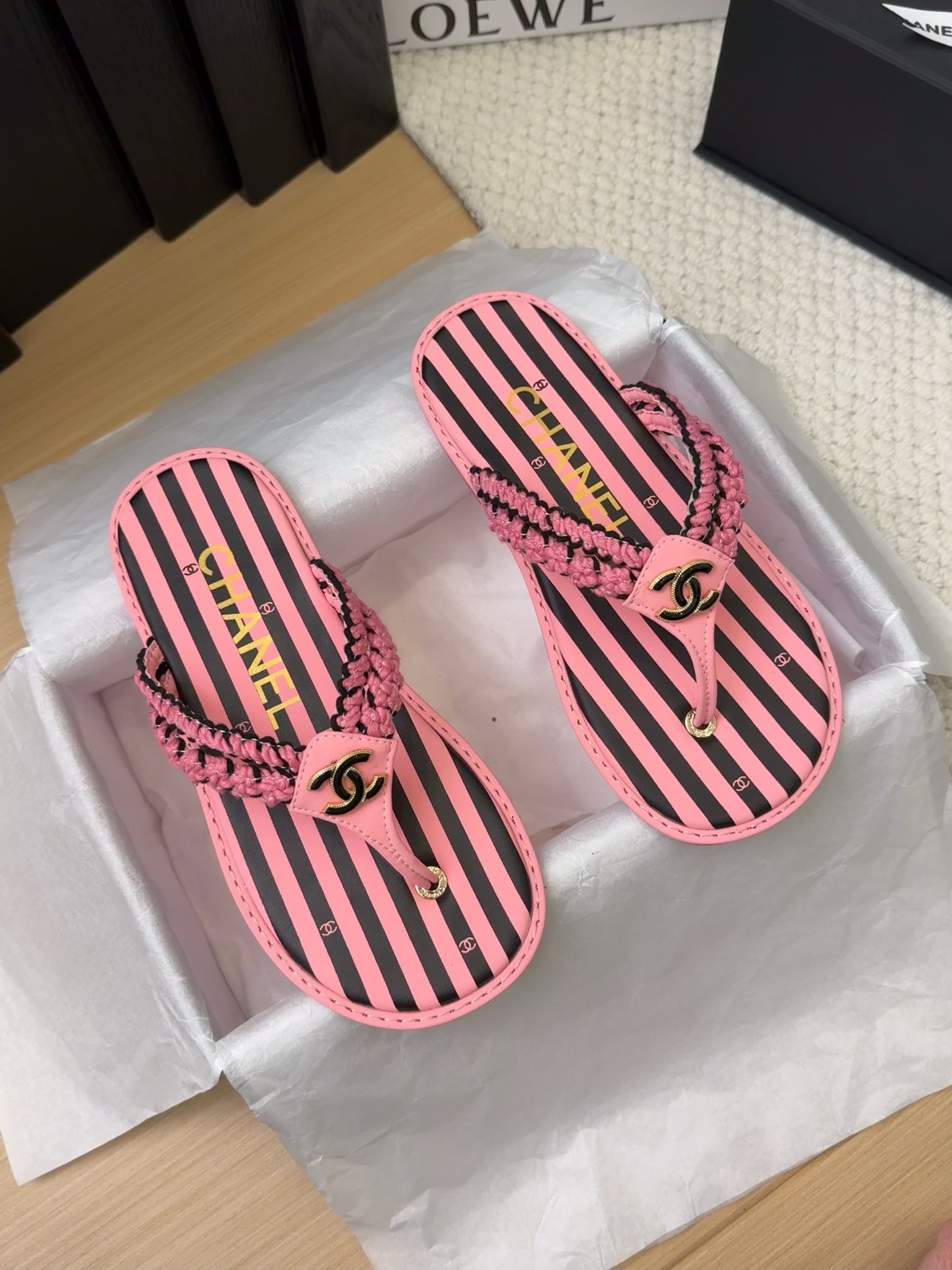 Chanel Women's Pink Striped Thong Sandals with Braided Strap & CC Logo 4 i1743053520 9145 4
