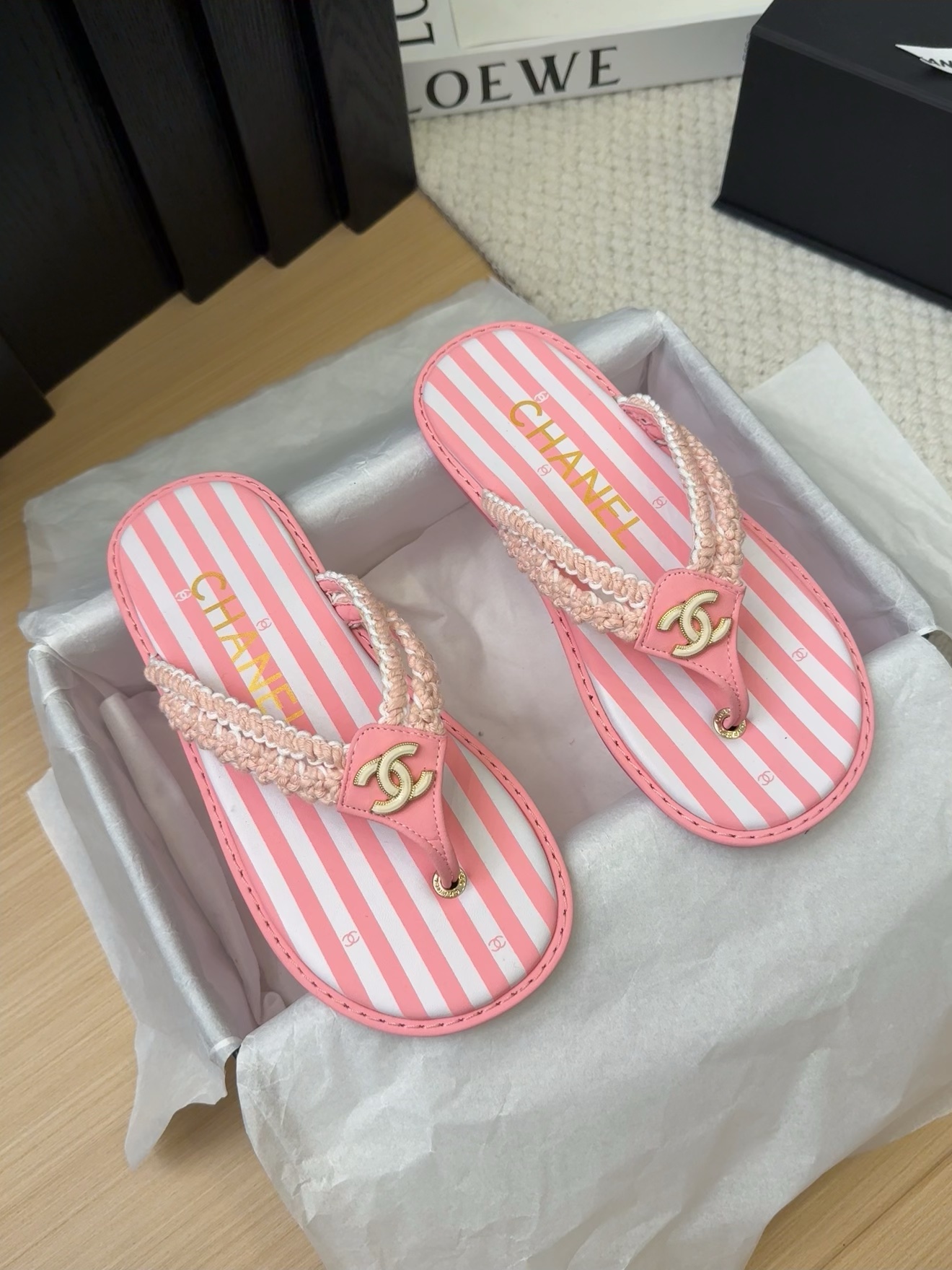 Elegant Chanel Pink Striped Thong Sandals Women's Summer Beach Shoes Size 35-39 6 i1743063207 1357 4